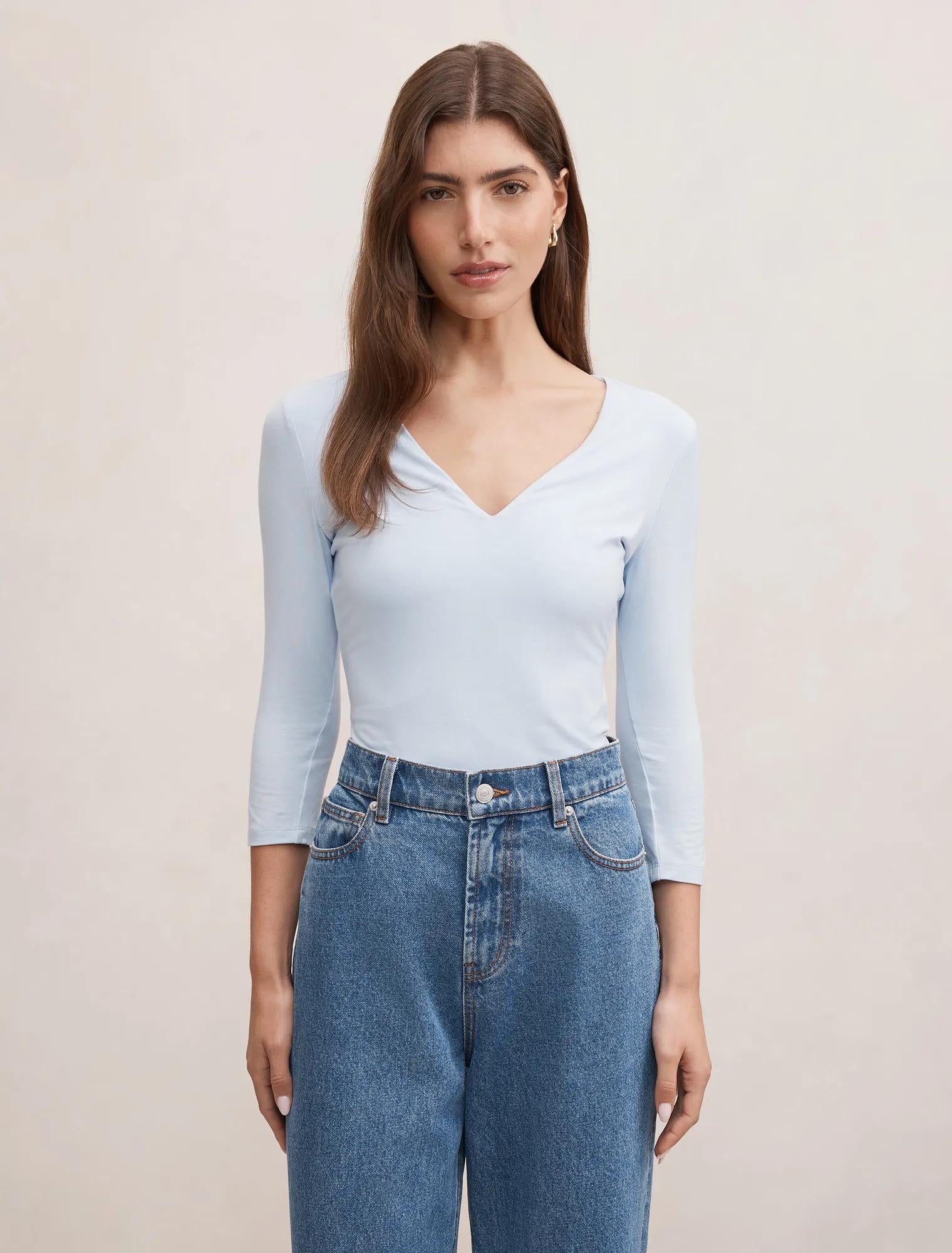 Tia V Neck 3/4 Sleeve Top Cloud Blue