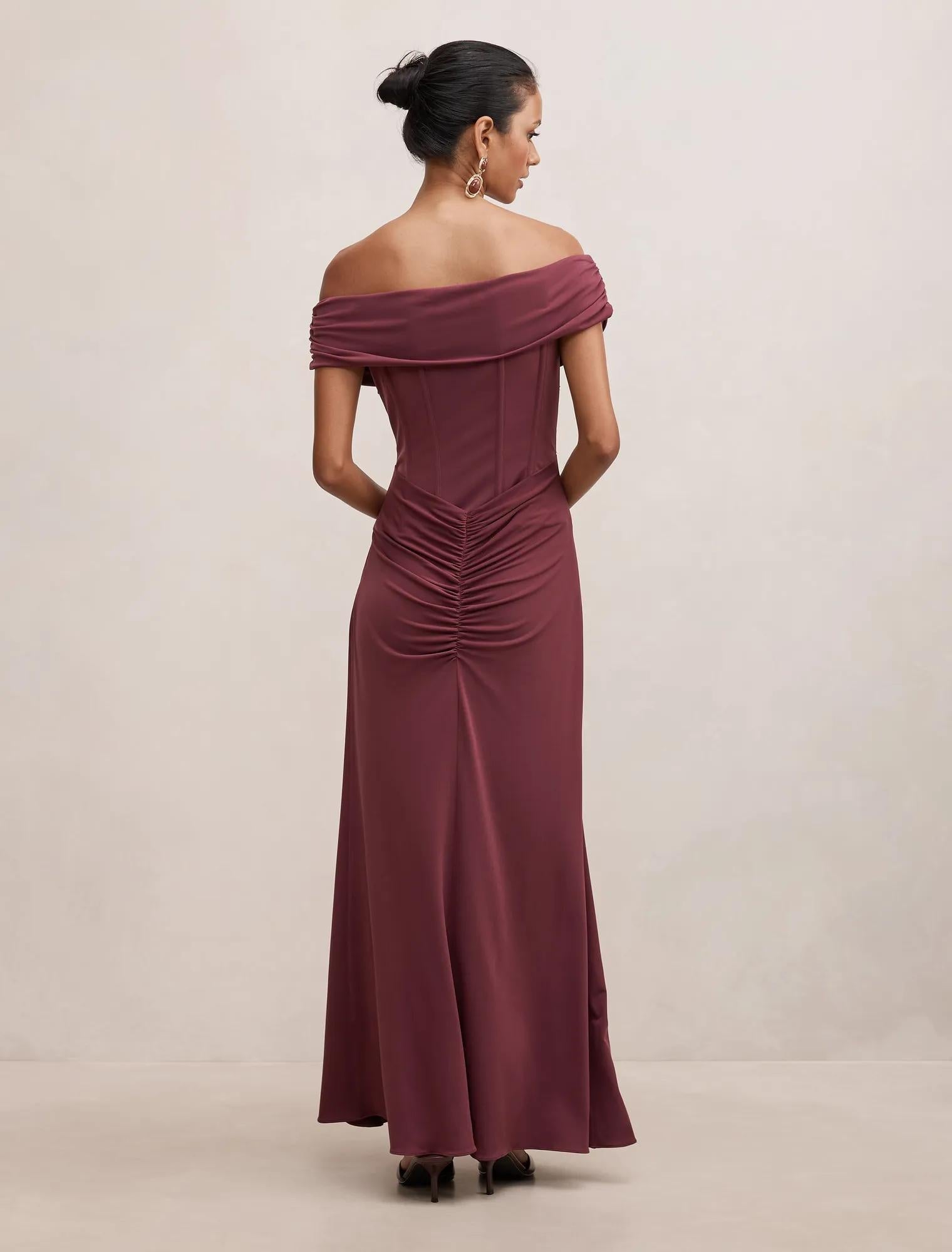 Ania Petite Ruched Bardot Maxi Dress Fig