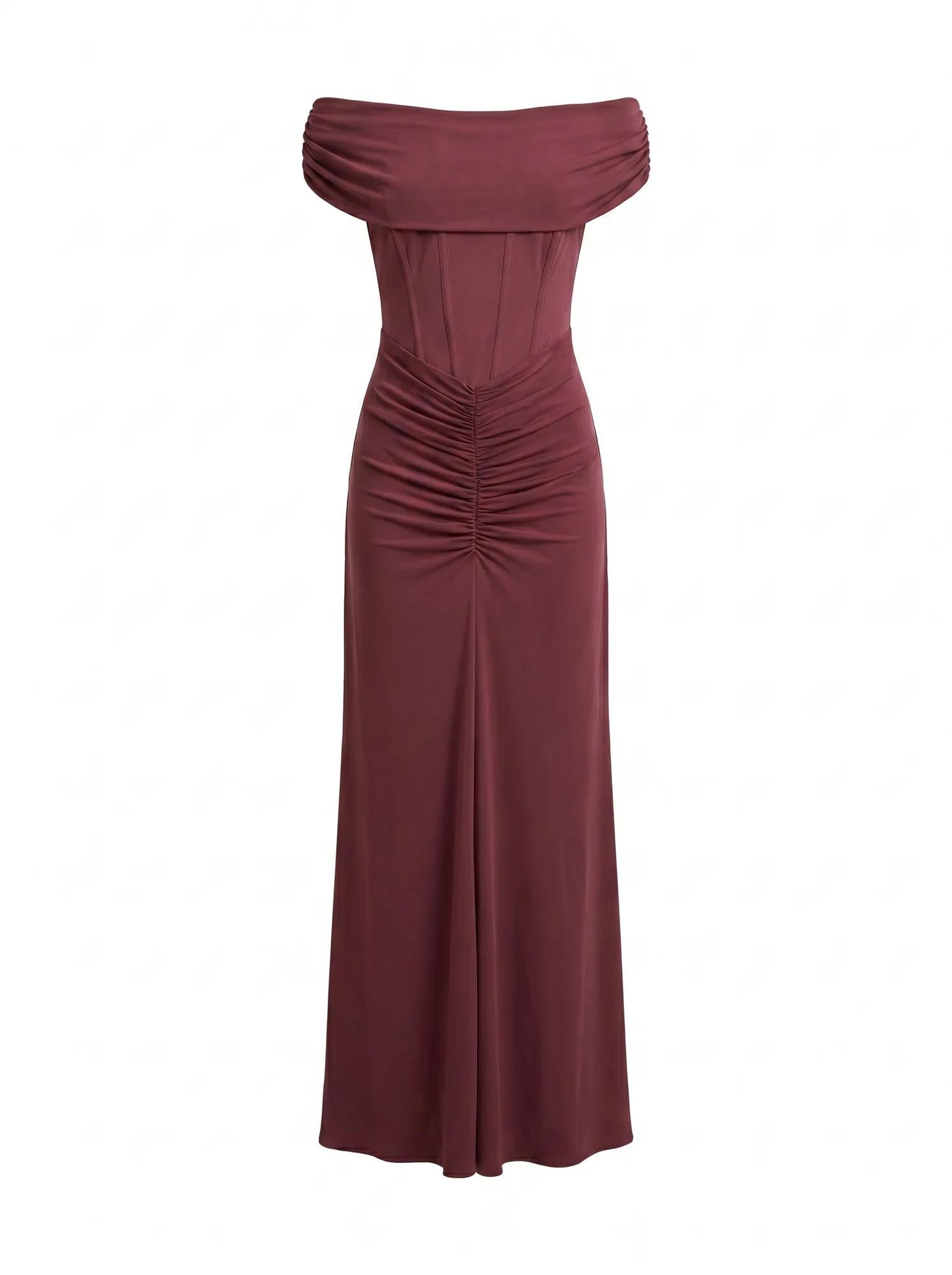 Ania Petite Ruched Bardot Maxi Dress Fig