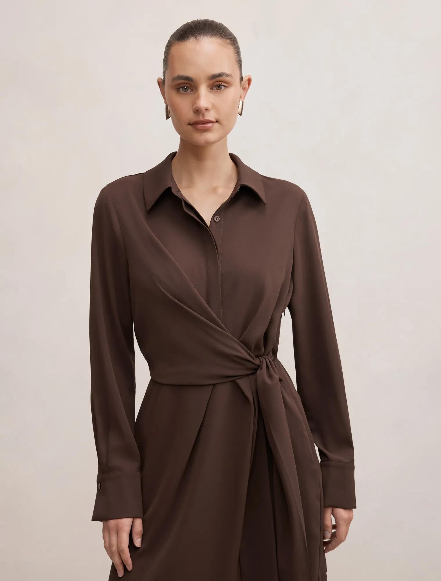 Isobel Tie Shirt Mini Dress Java Chocolate