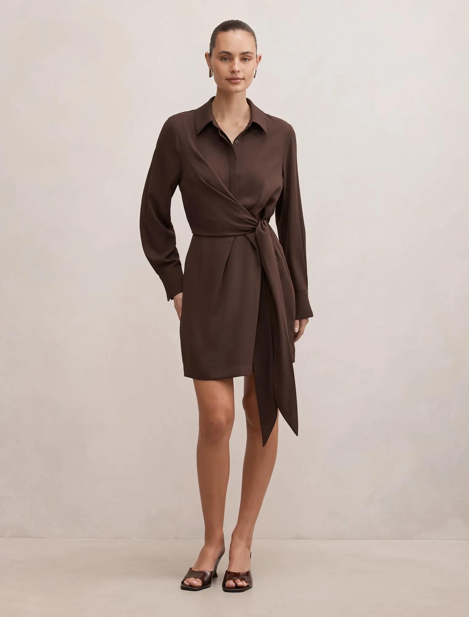 Isobel Tie Shirt Mini Dress Java Chocolate