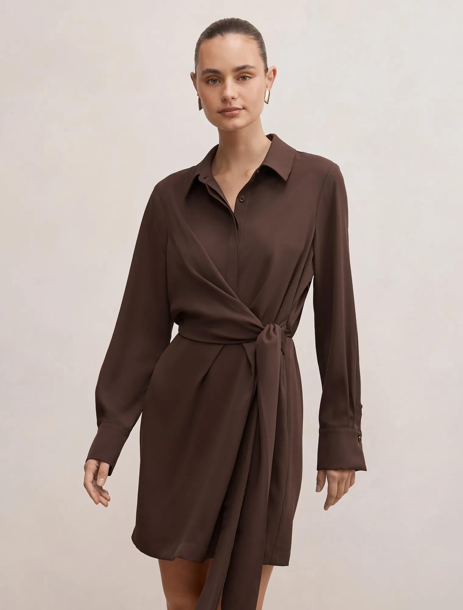 Isobel Tie Shirt Mini Dress Java Chocolate