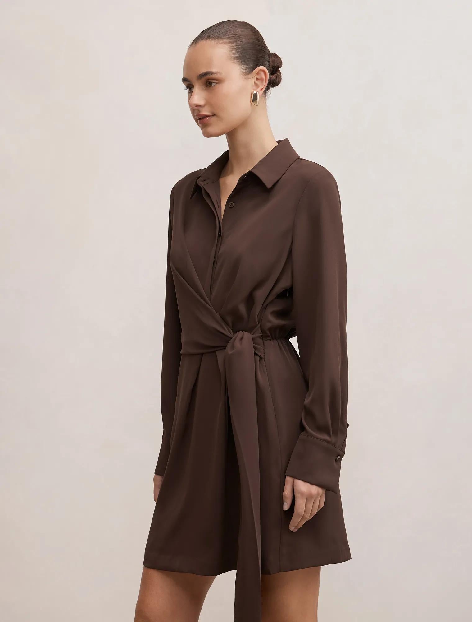 Isobel Tie Shirt Mini Dress Java Chocolate