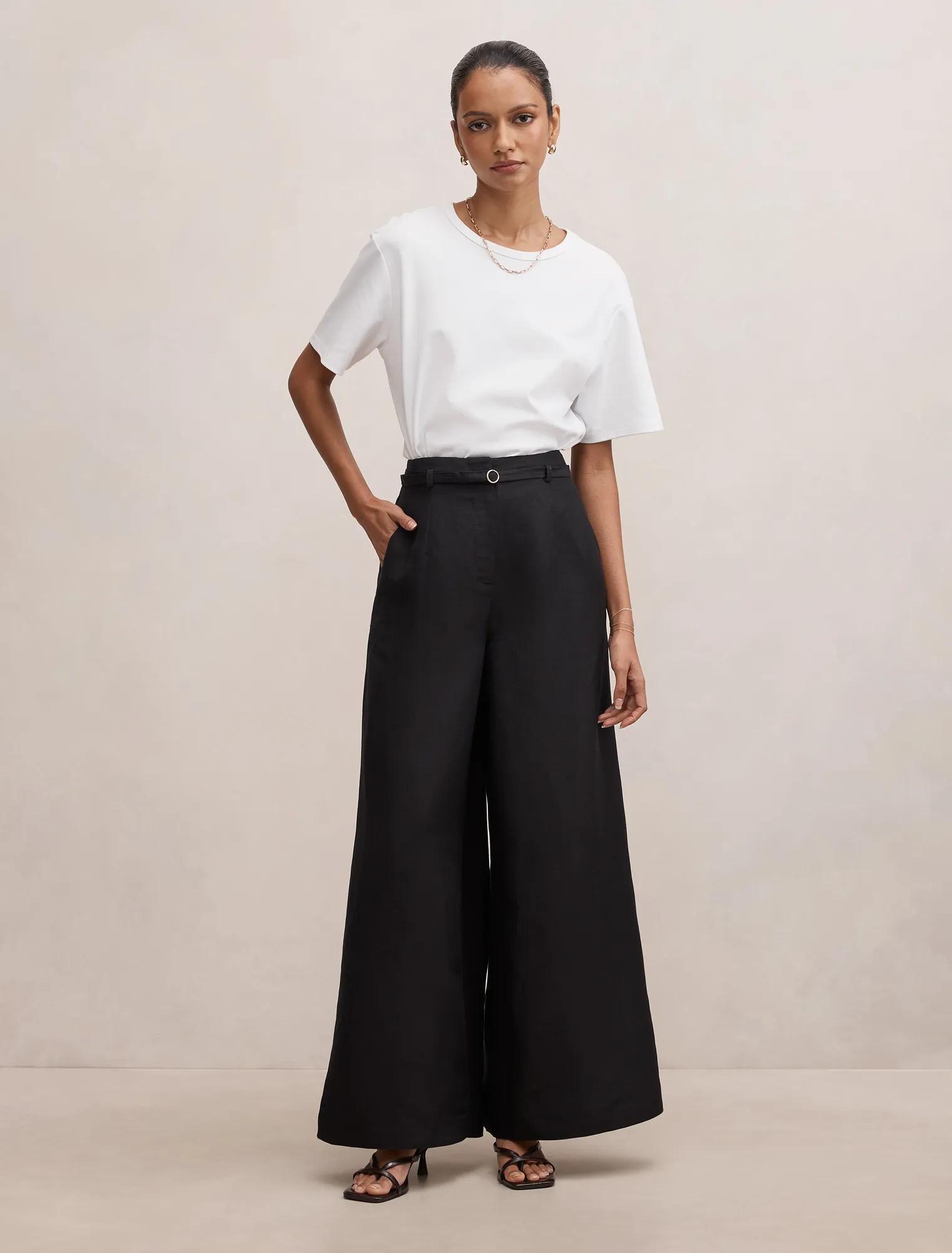 Matilda Petite Linen Blend Wide Leg Pants Black