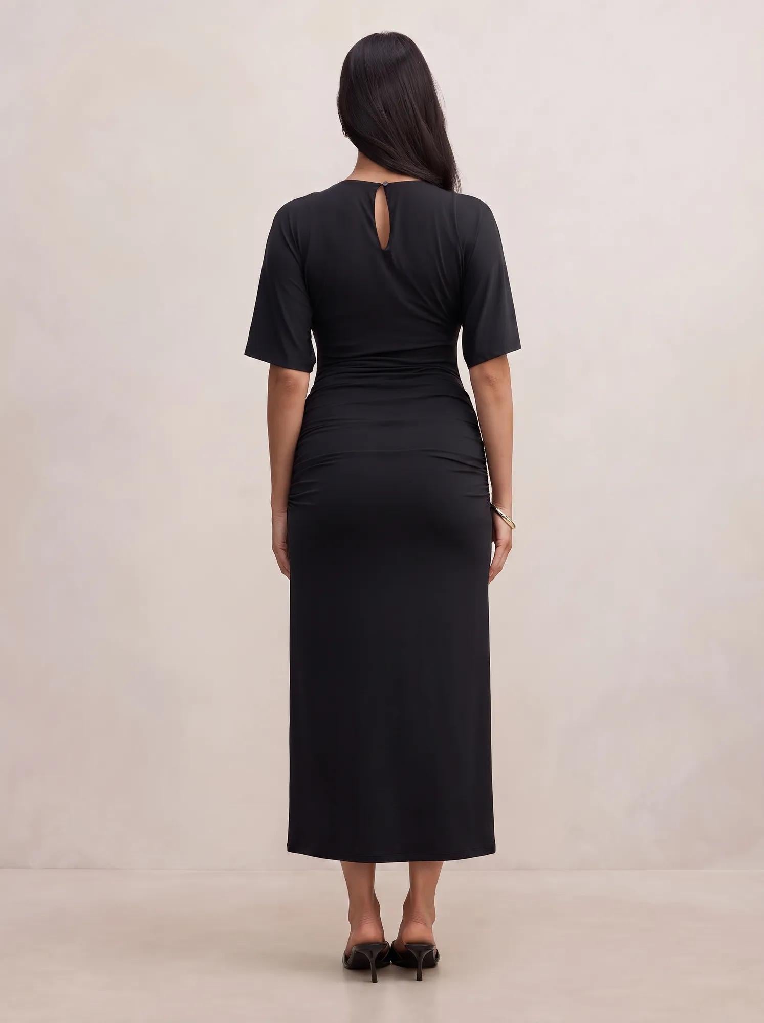Colbie Gathered Jersey Midi Dress Black