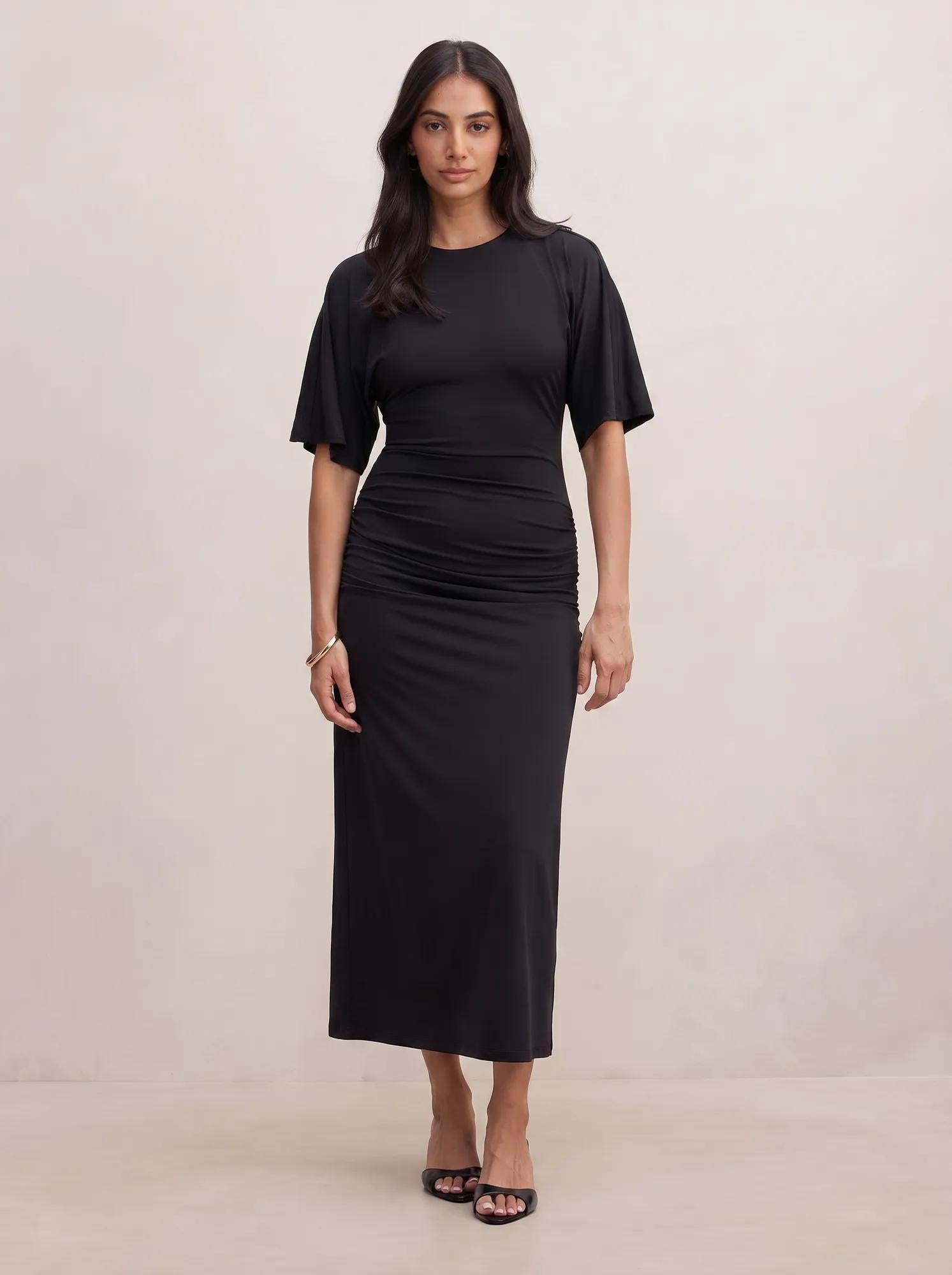 Colbie Gathered Jersey Midi Dress Black