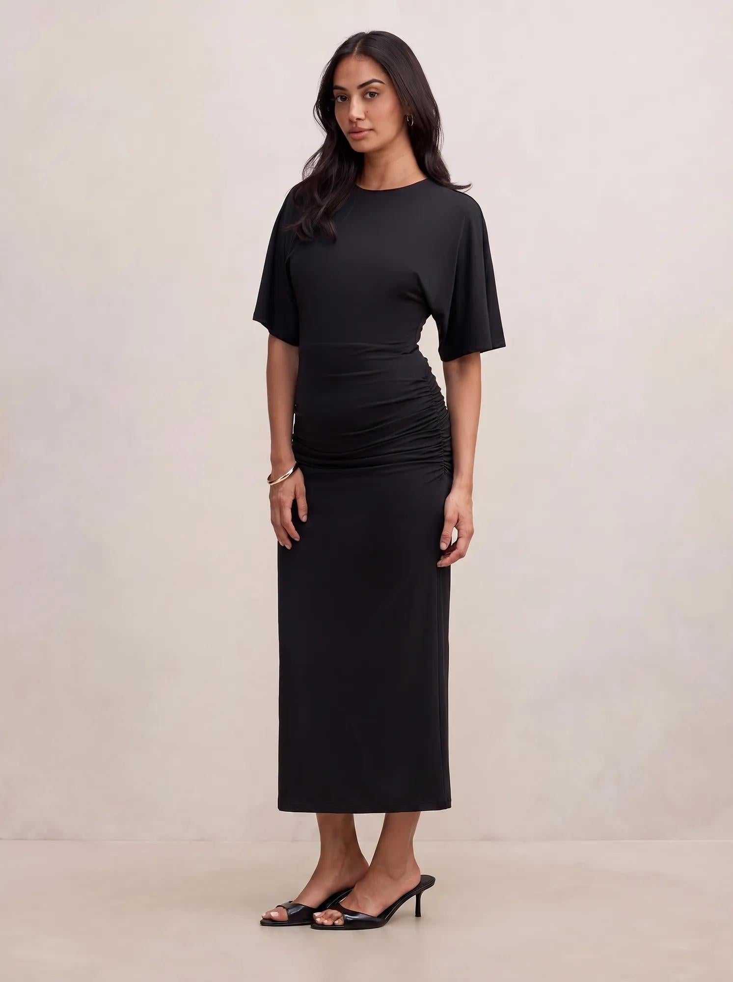 Colbie Gathered Jersey Midi Dress Black