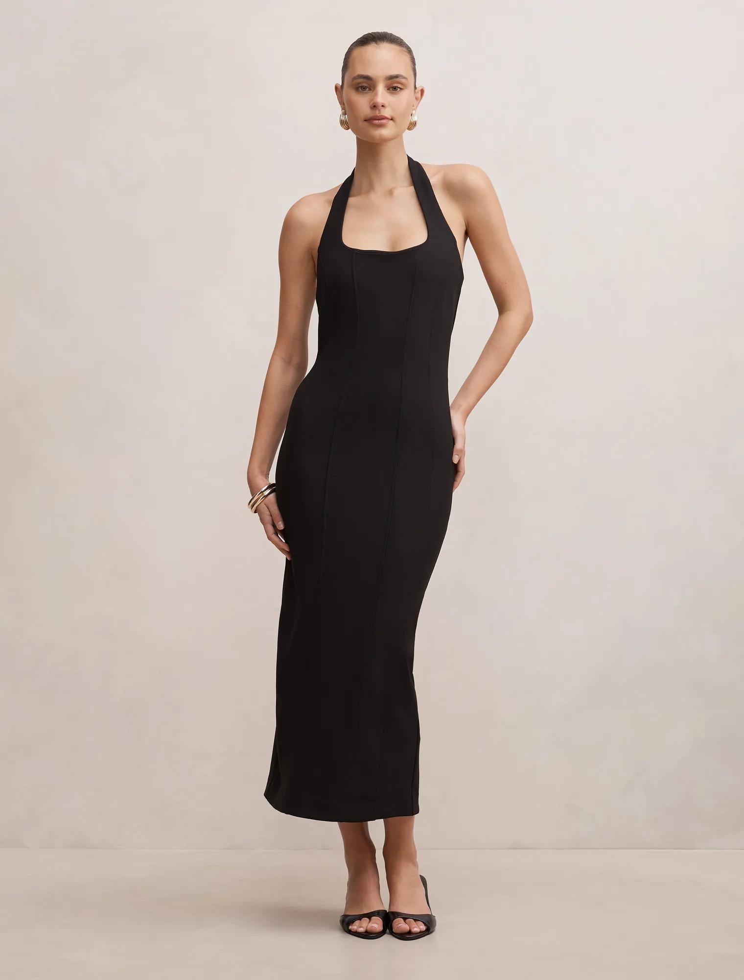 Gina Halter Bodycon Midi Dress Black