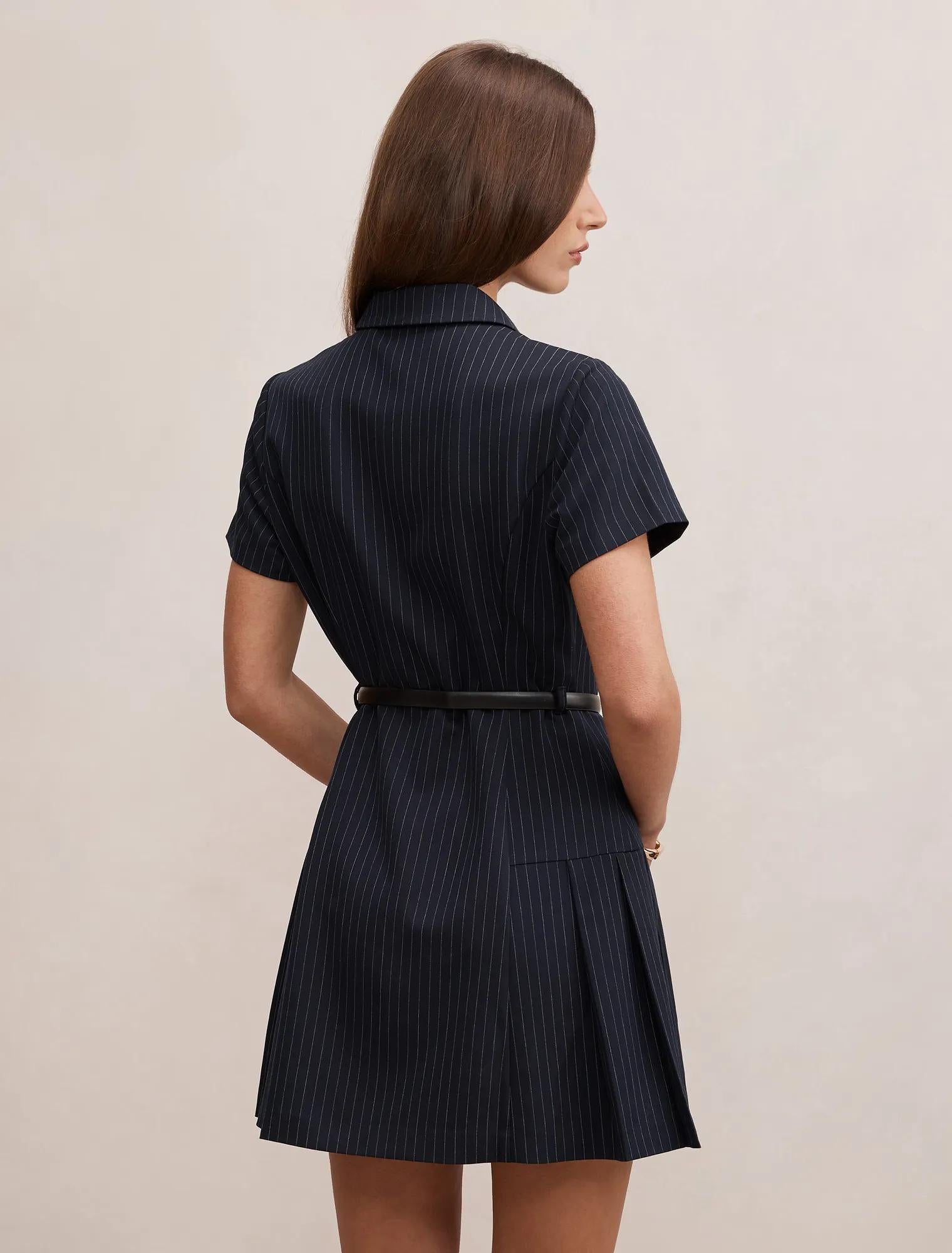Gigi Pleated Button Down Mini Dress Navy Pinstripe