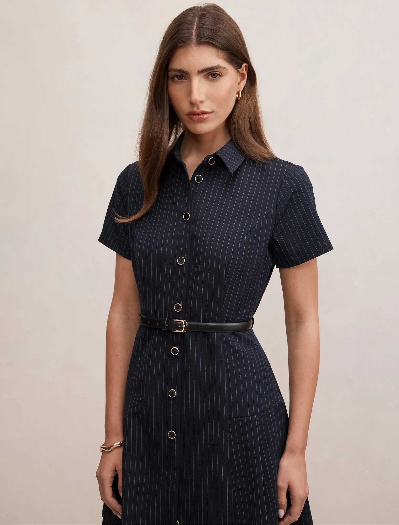 Gigi Pleated Button Down Mini Dress Navy Pinstripe