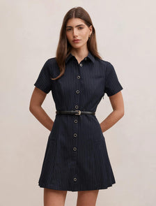 Gigi Pleated Button Down Mini Dress Navy Pinstripe