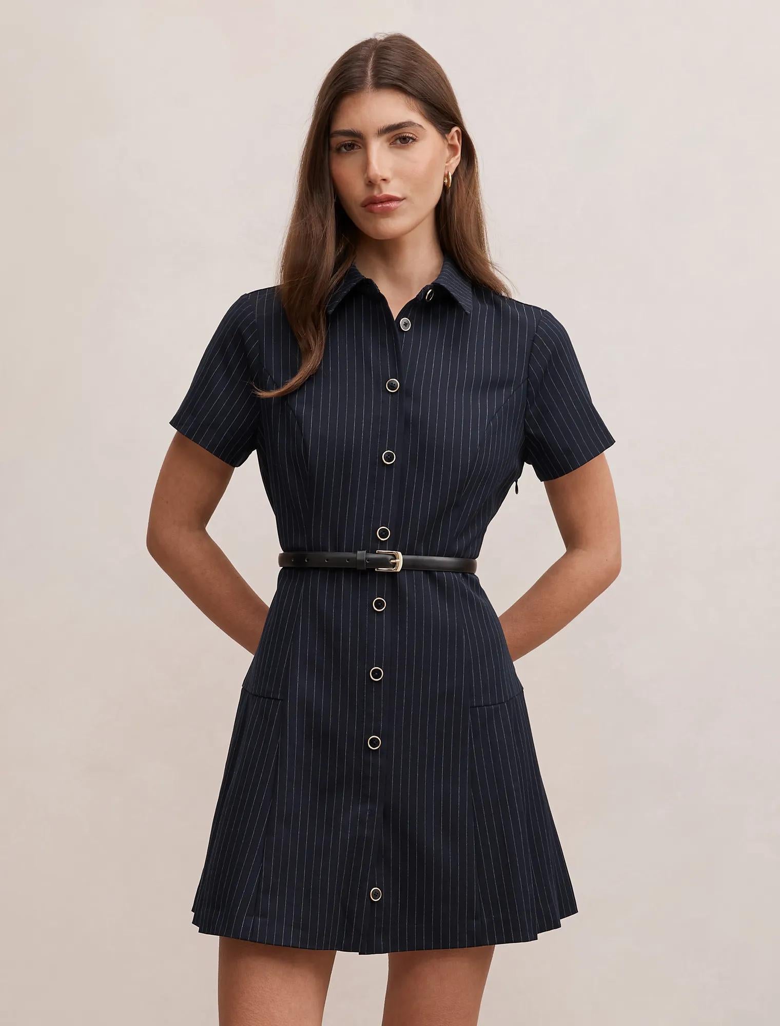 Gigi Pleated Button Down Mini Dress Navy Pinstripe