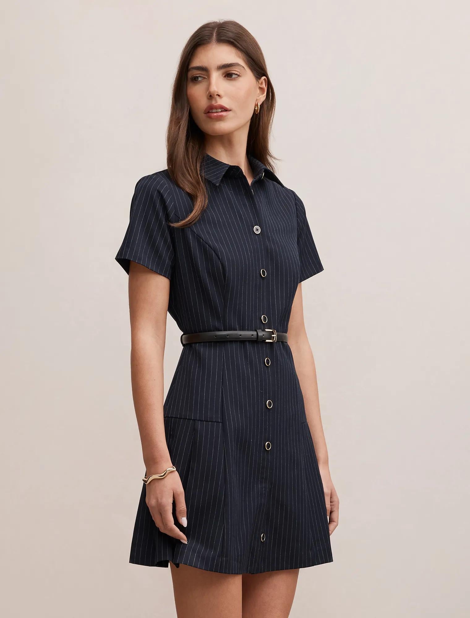 Gigi Pleated Button Down Mini Dress Navy Pinstripe