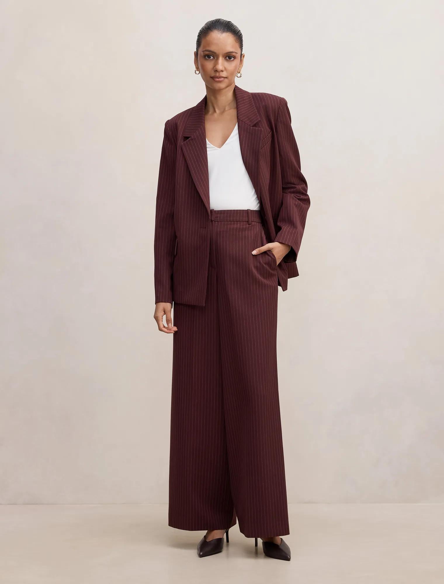 Paloma Petite Pinstripe Wide Leg Pants Berry Pinstripe Suit