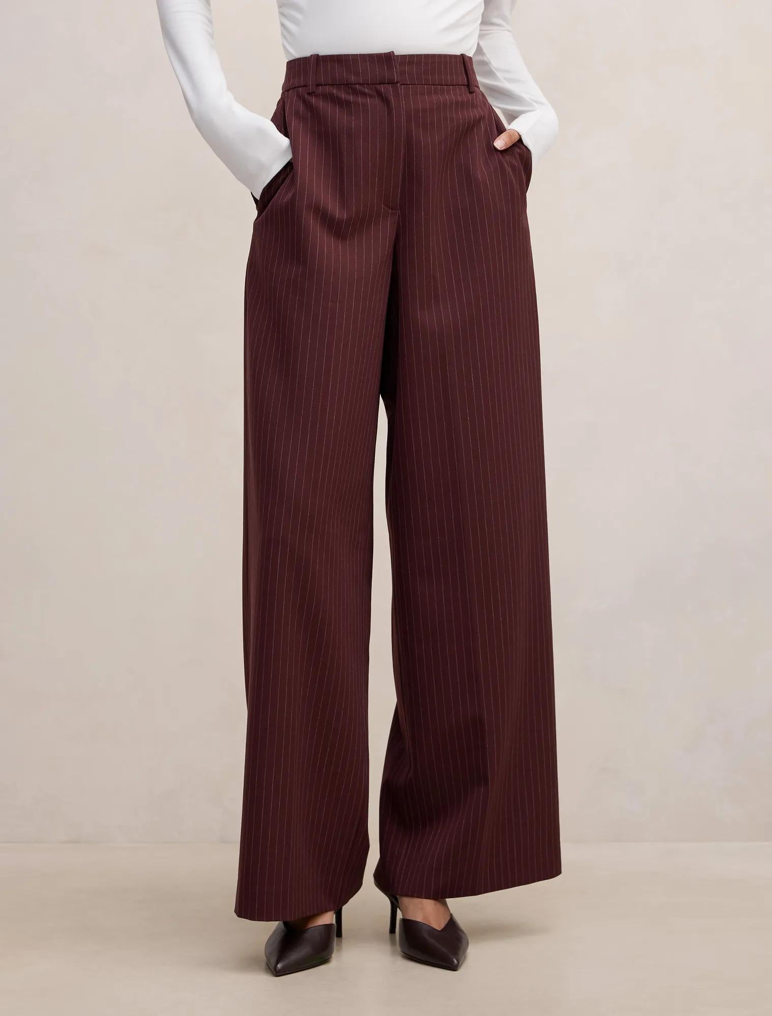 Paloma Petite Pinstripe Wide Leg Pants Berry Pinstripe Suit