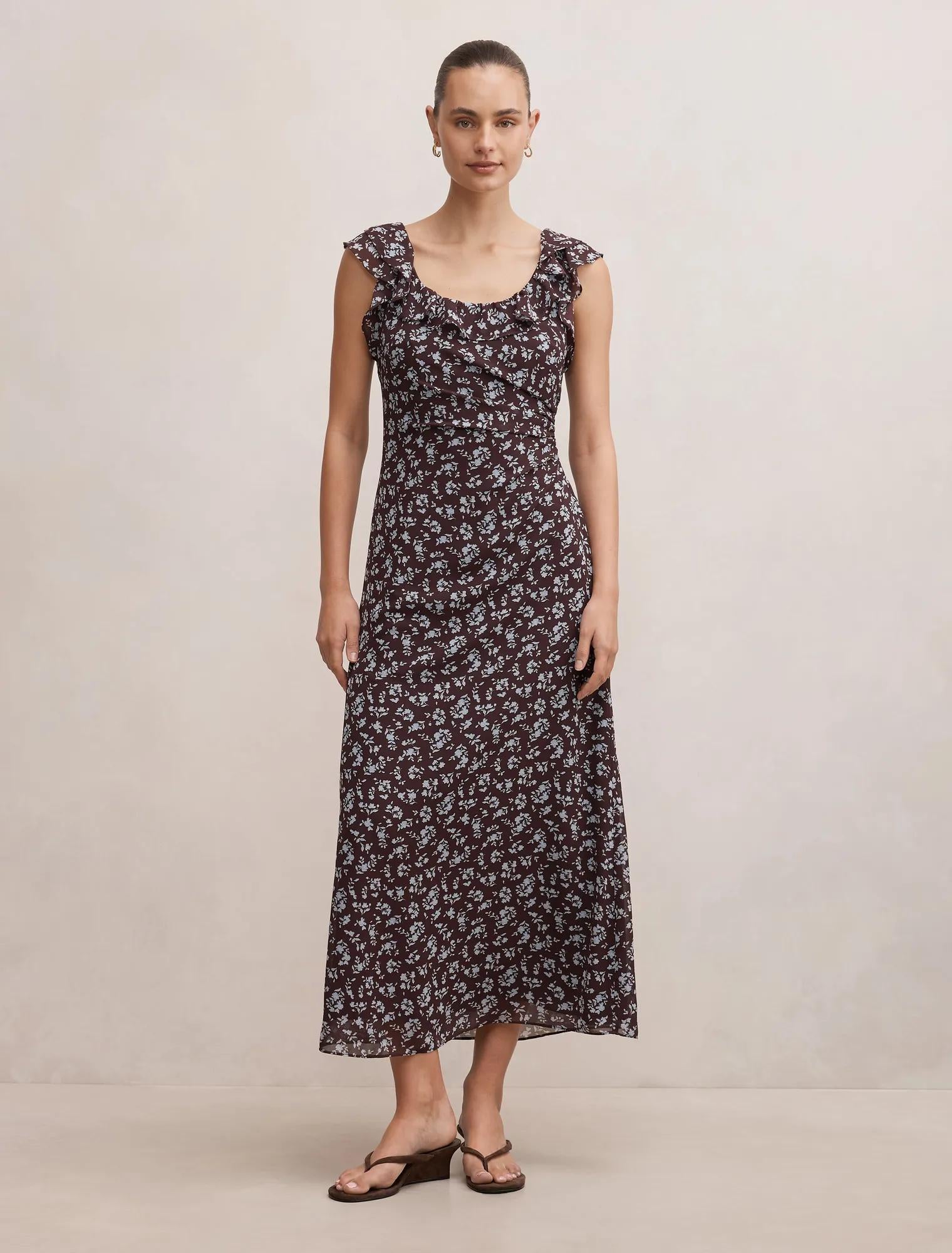 Paige Ruffle Midi Dress Choc Ray Ditsy