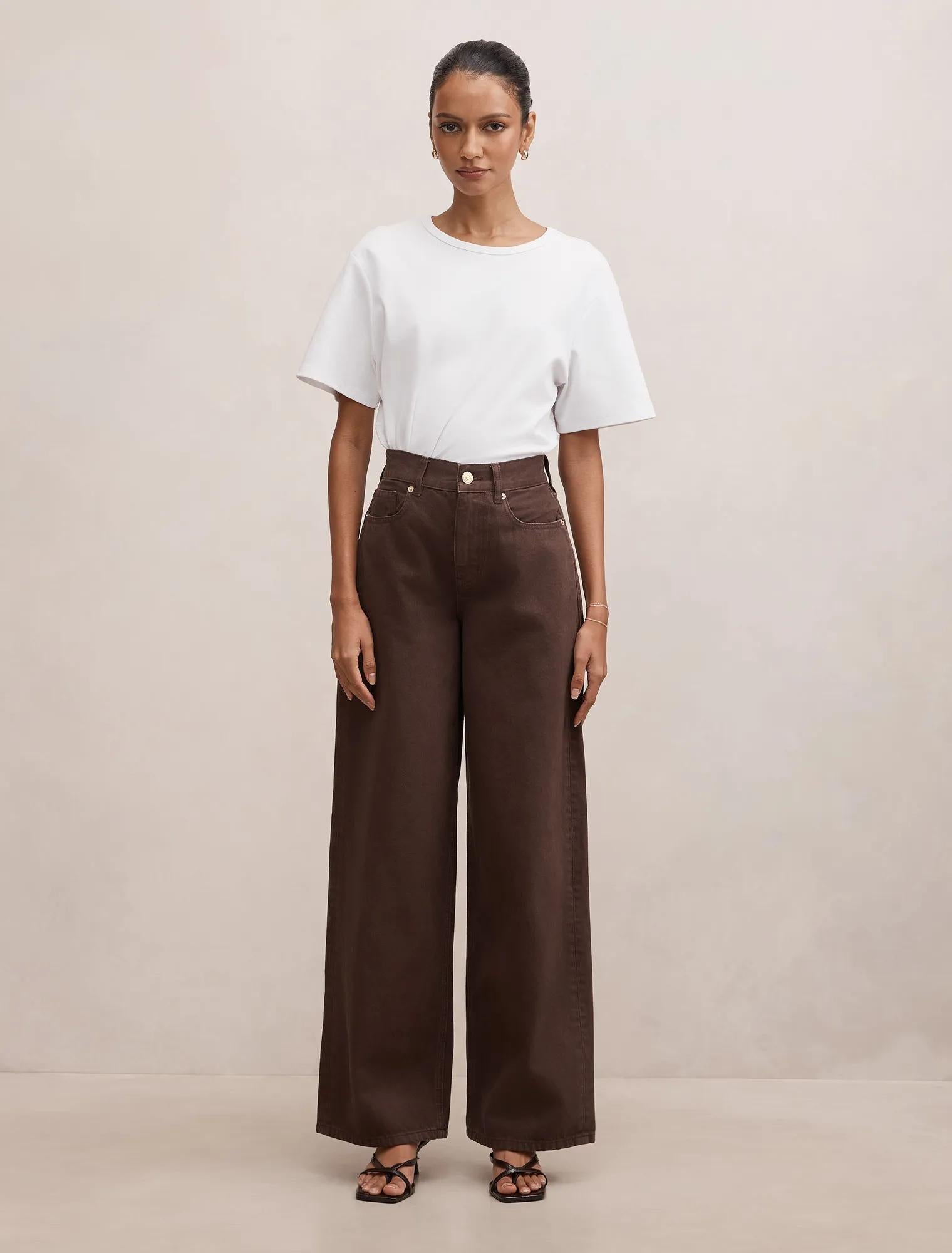 Gia Petite High Rise Wide Leg Jean Chocolate