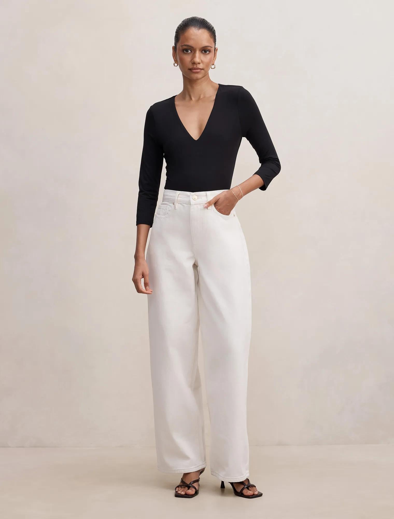 Gia Petite High Rise Wide Leg Jean Ecru