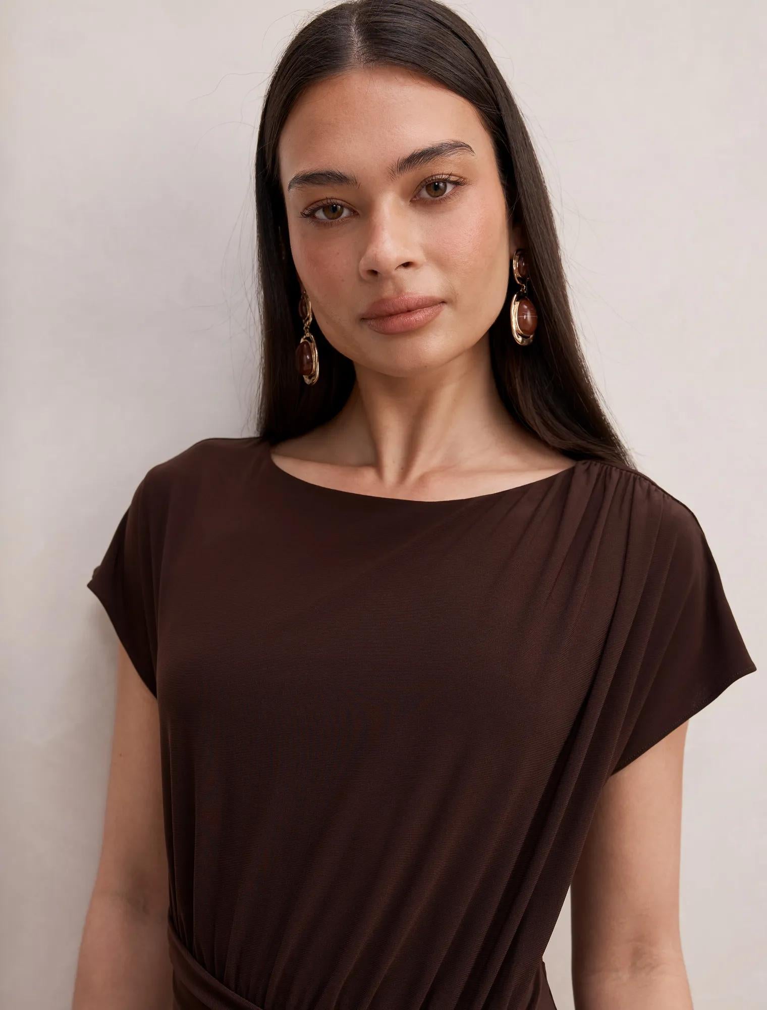 Lacie Draped Jersey Midi Dress Chocolate