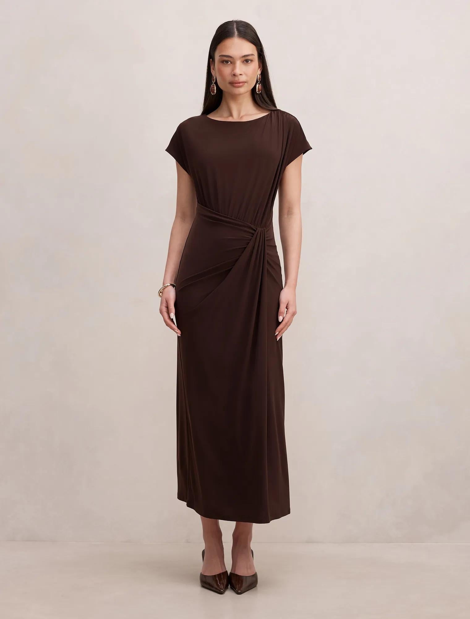 Lacie Draped Jersey Midi Dress Chocolate