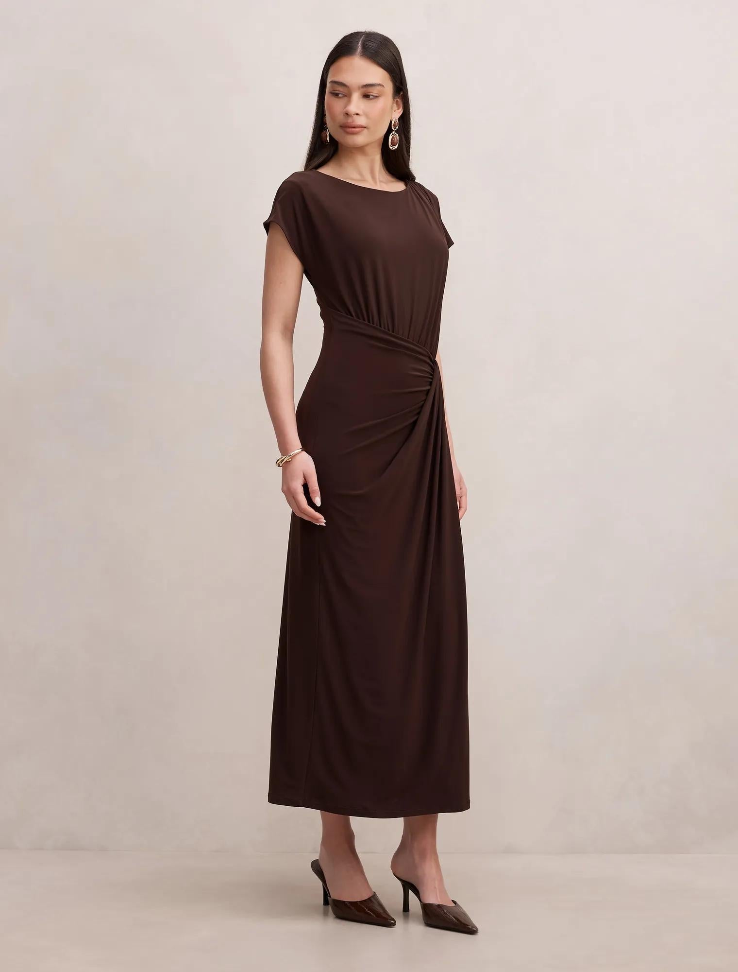 Lacie Draped Jersey Midi Dress Chocolate