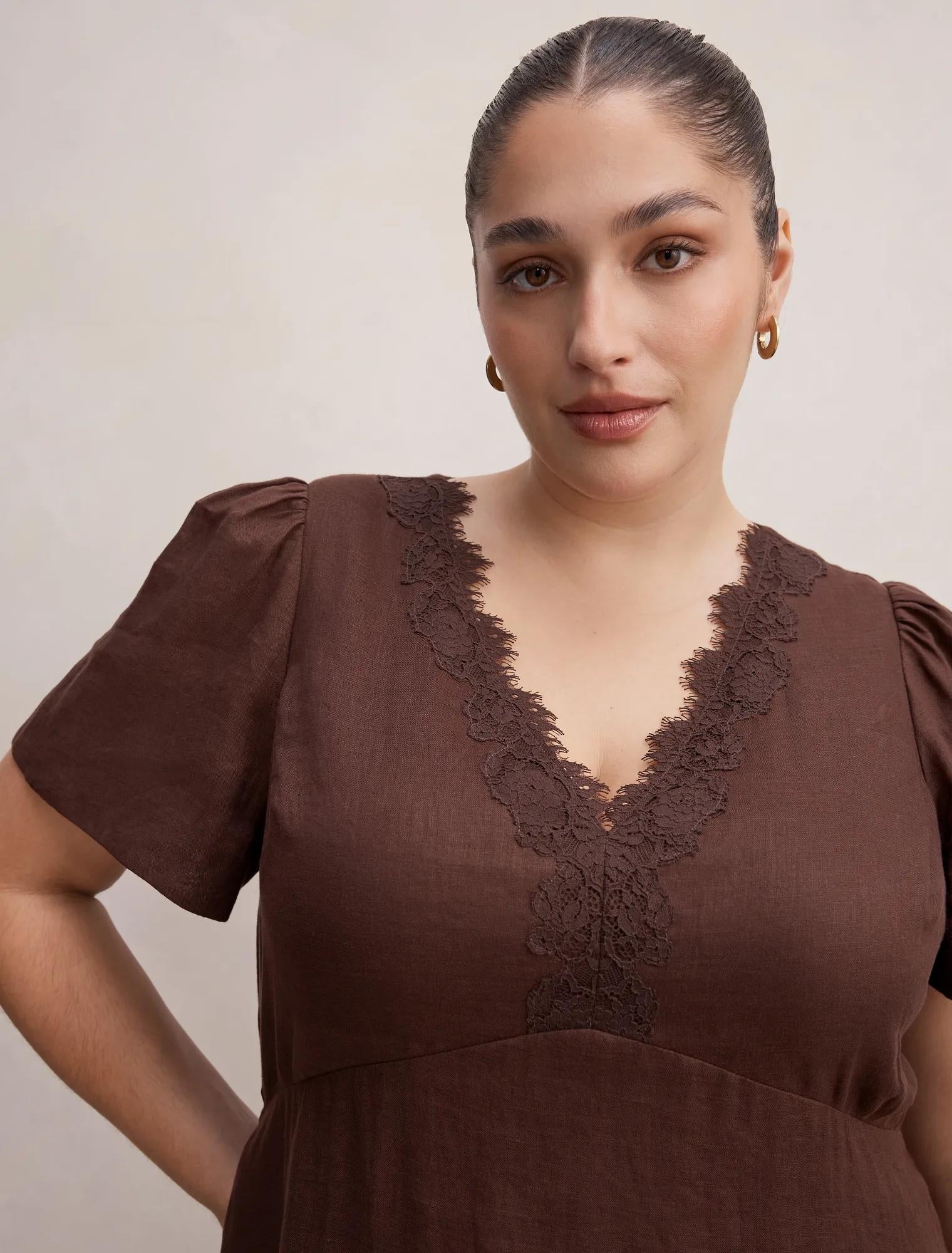 Zali Curve Lace Linen Midi Dress Chocolate