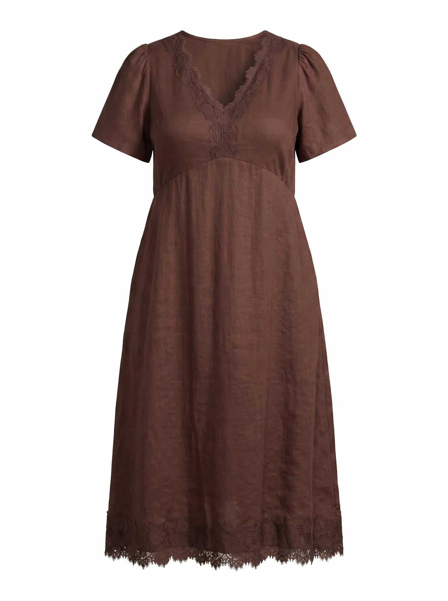 Zali Curve Lace Linen Midi Dress Chocolate