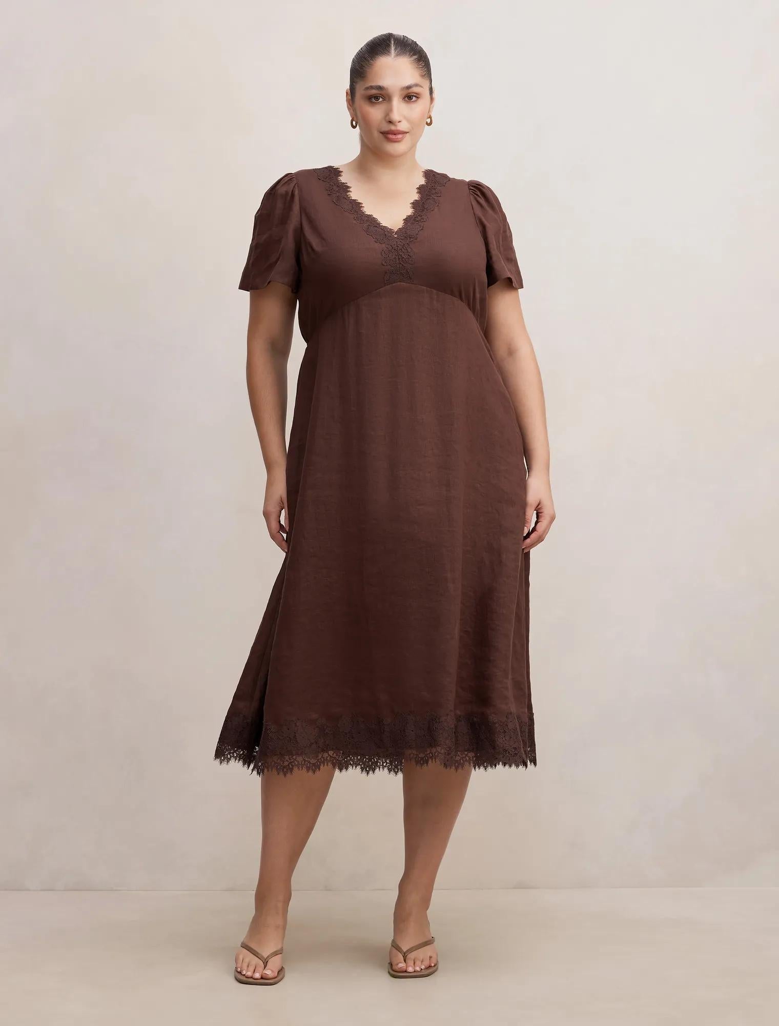 Zali Curve Lace Linen Midi Dress Chocolate