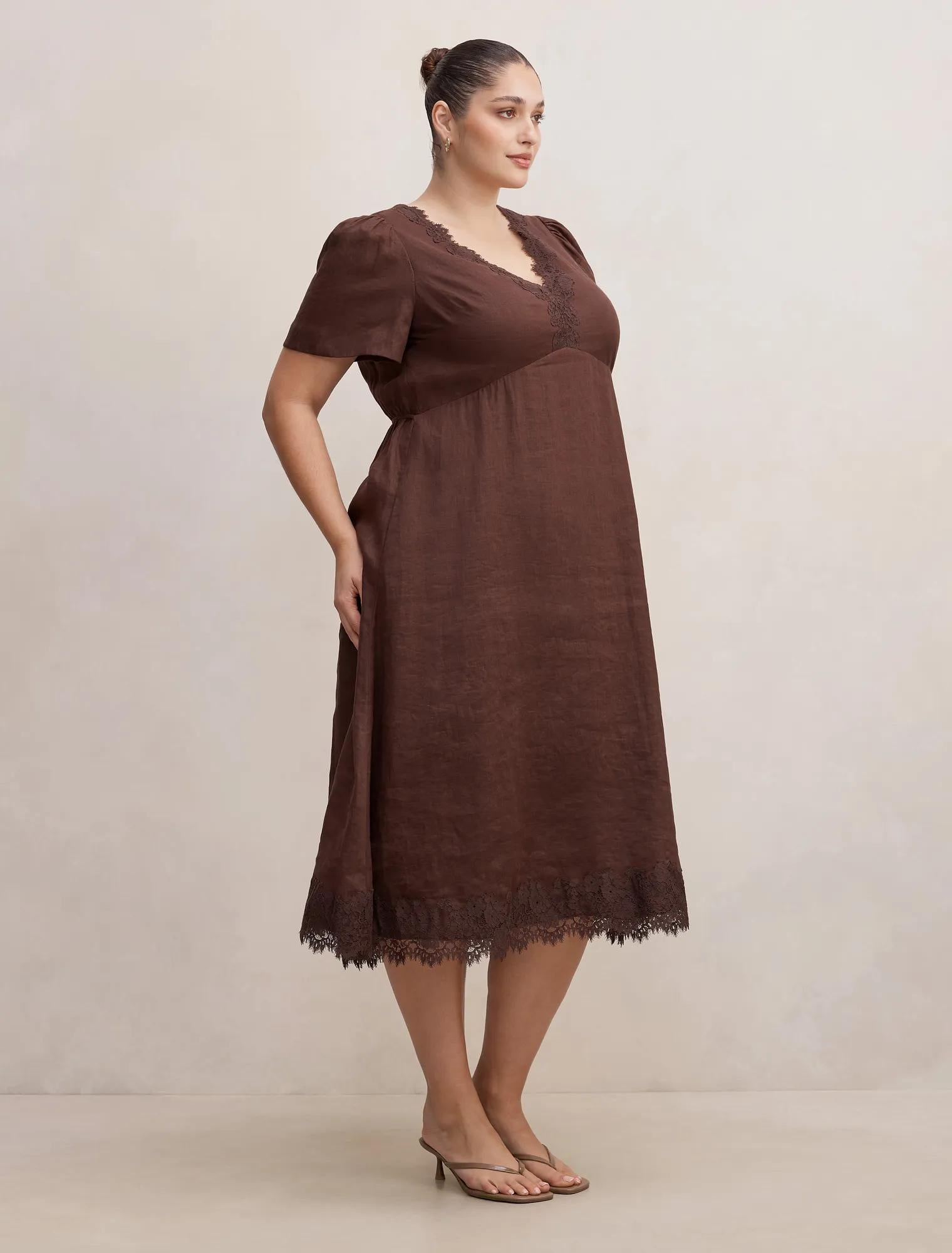 Zali Curve Lace Linen Midi Dress Chocolate