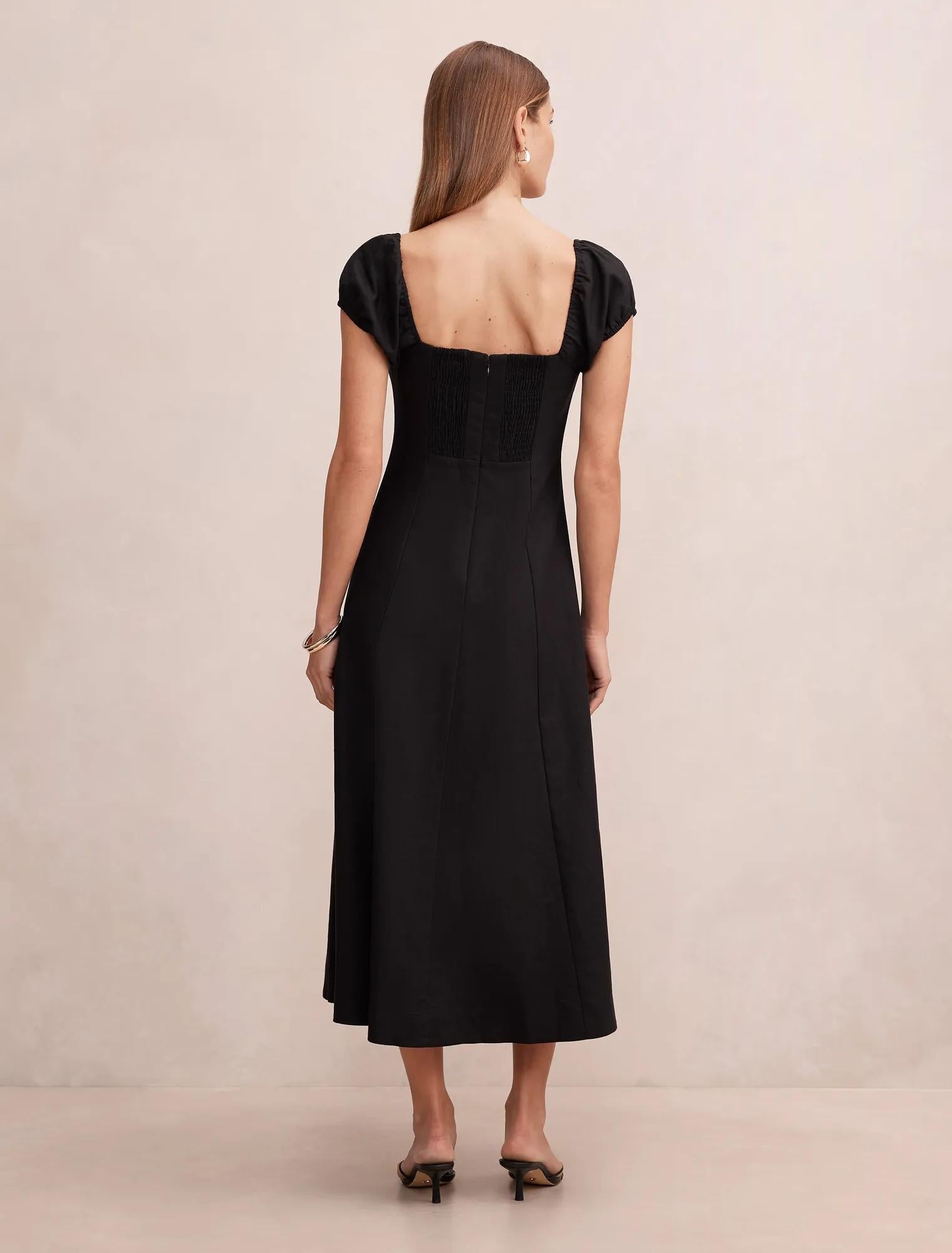 Portia Folded Collar Linen Midi Dress Black