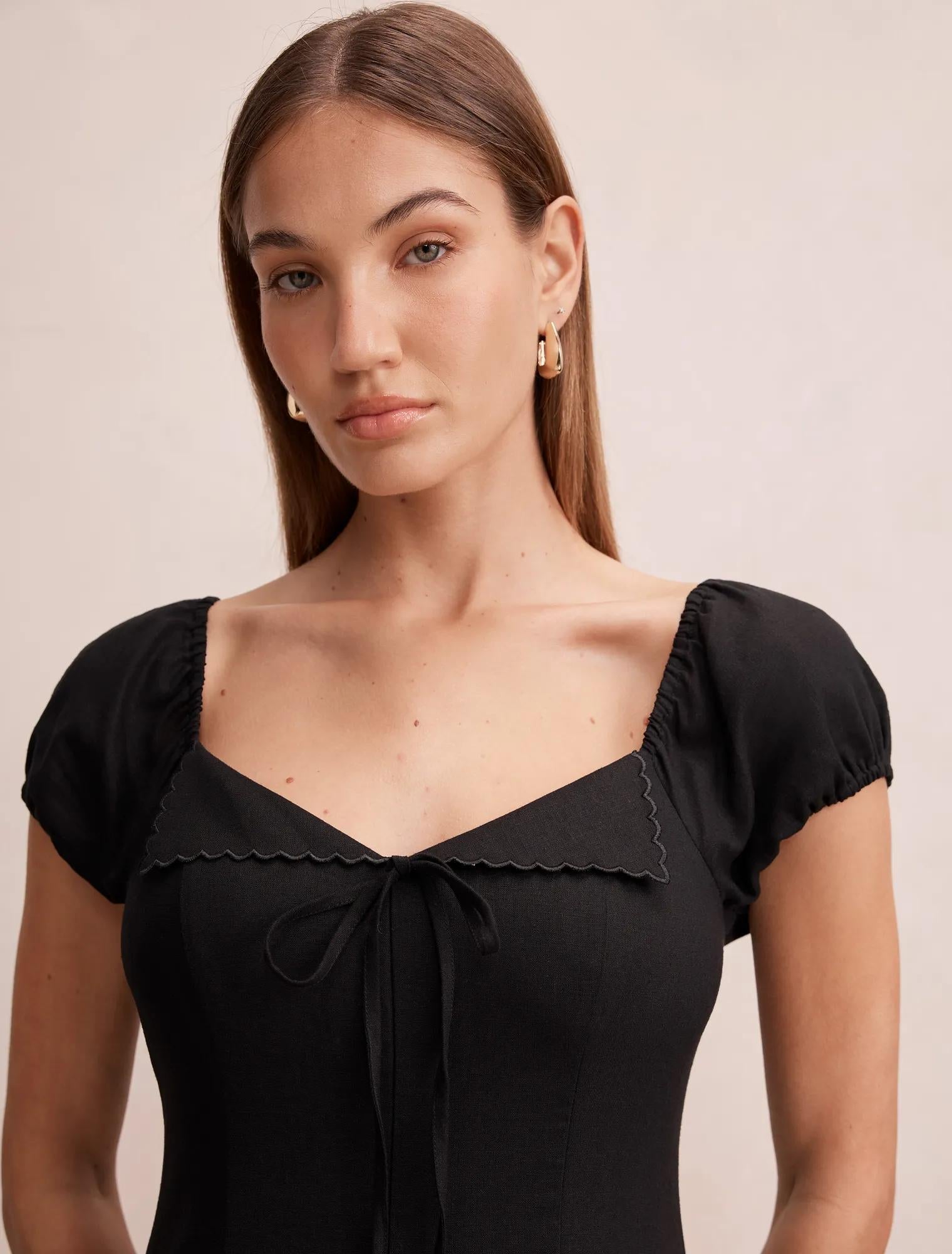 Portia Folded Collar Linen Midi Dress Black