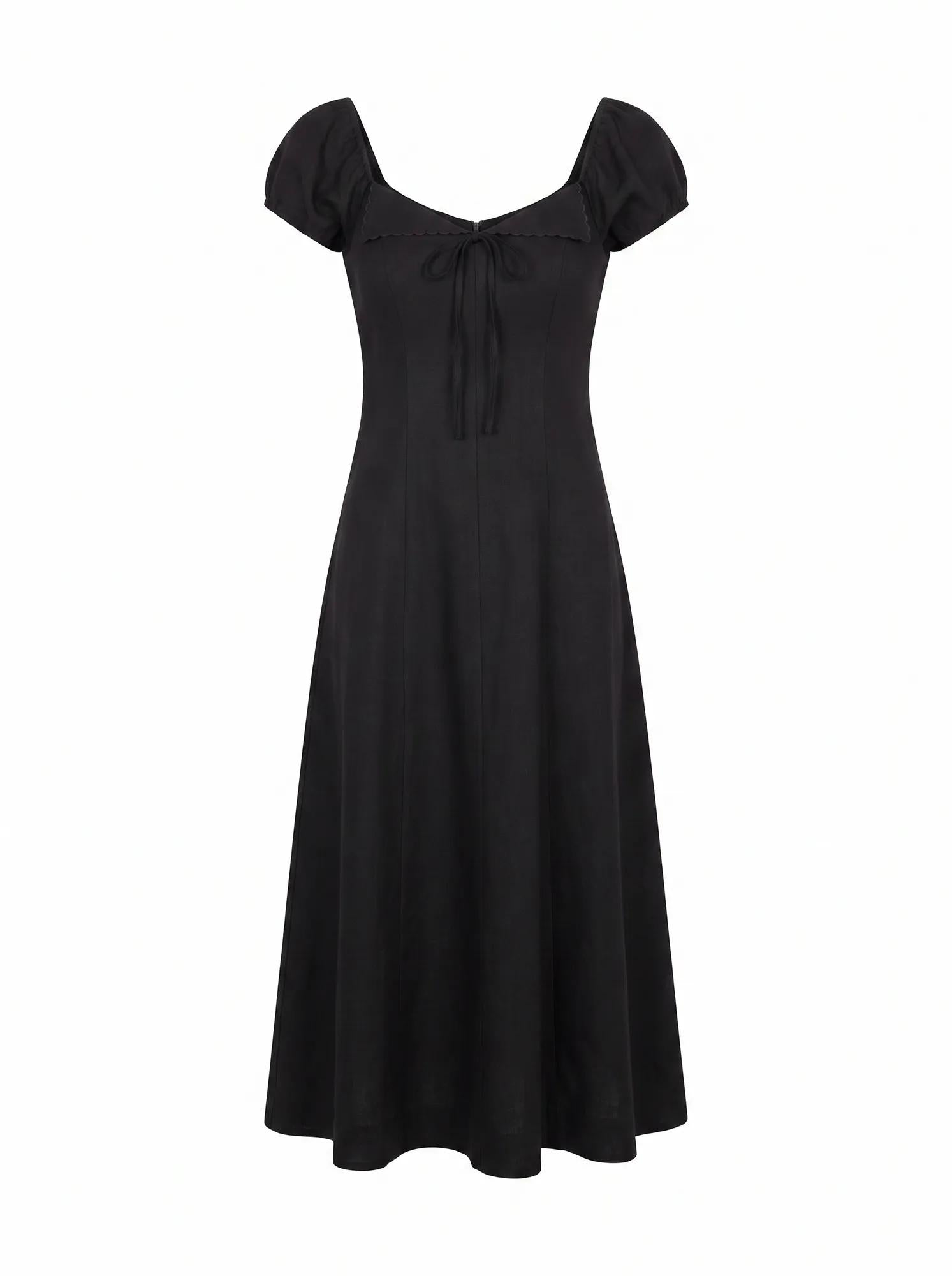 Portia Folded Collar Linen Midi Dress Black_mannequin