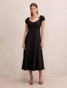 Portia Folded Collar Linen Midi Dress Black