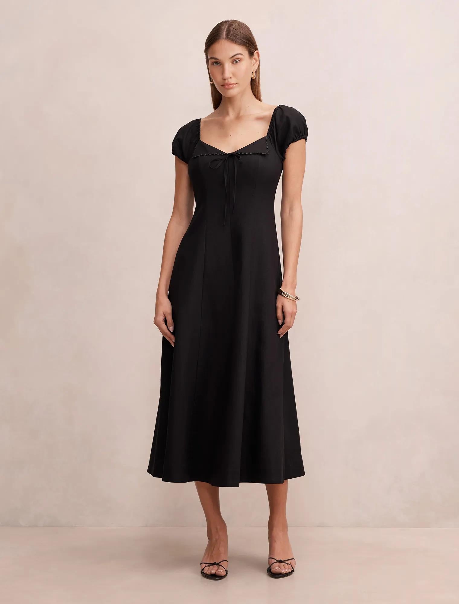 Portia Folded Collar Linen Midi Dress Black