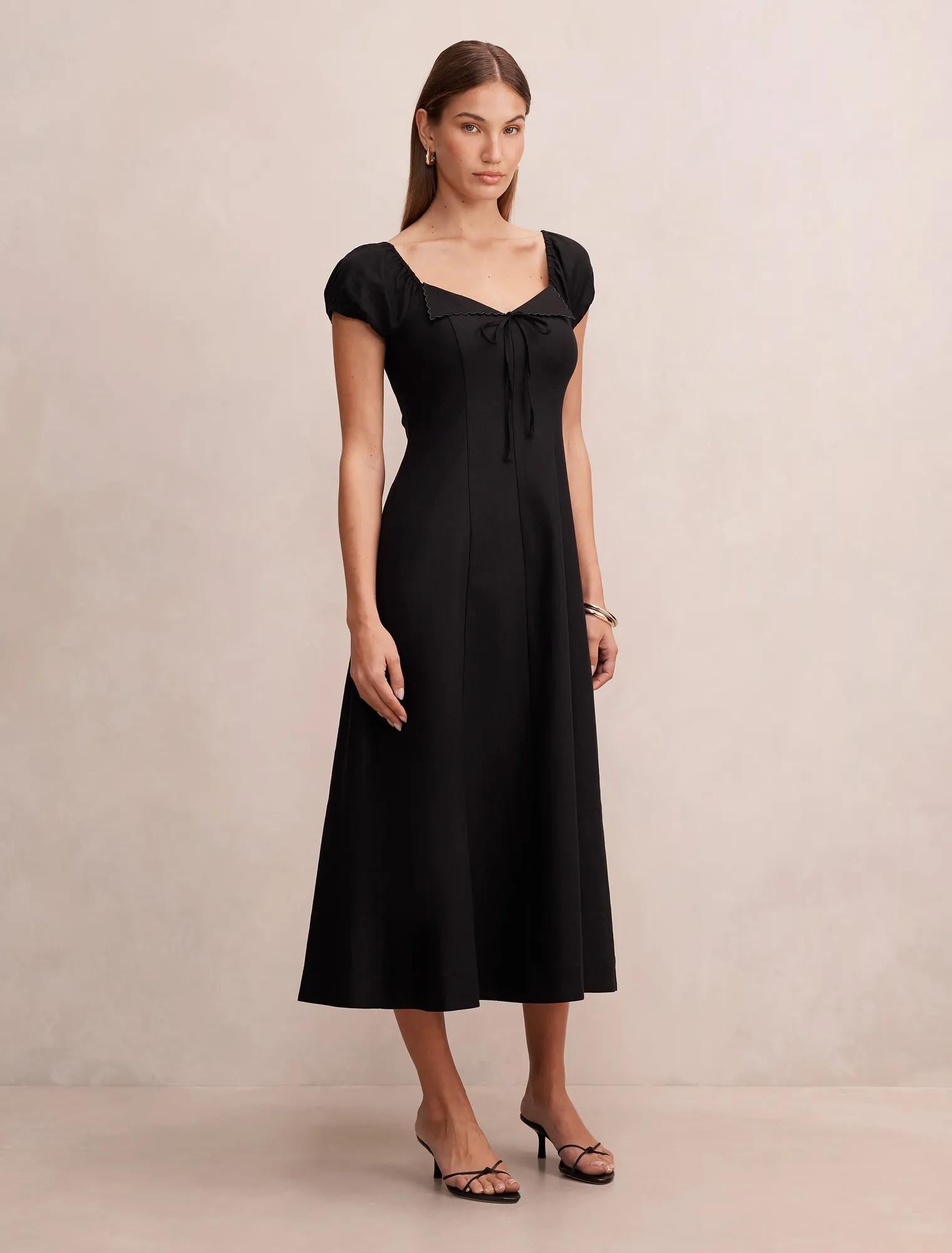 Portia Folded Collar Linen Midi Dress Black
