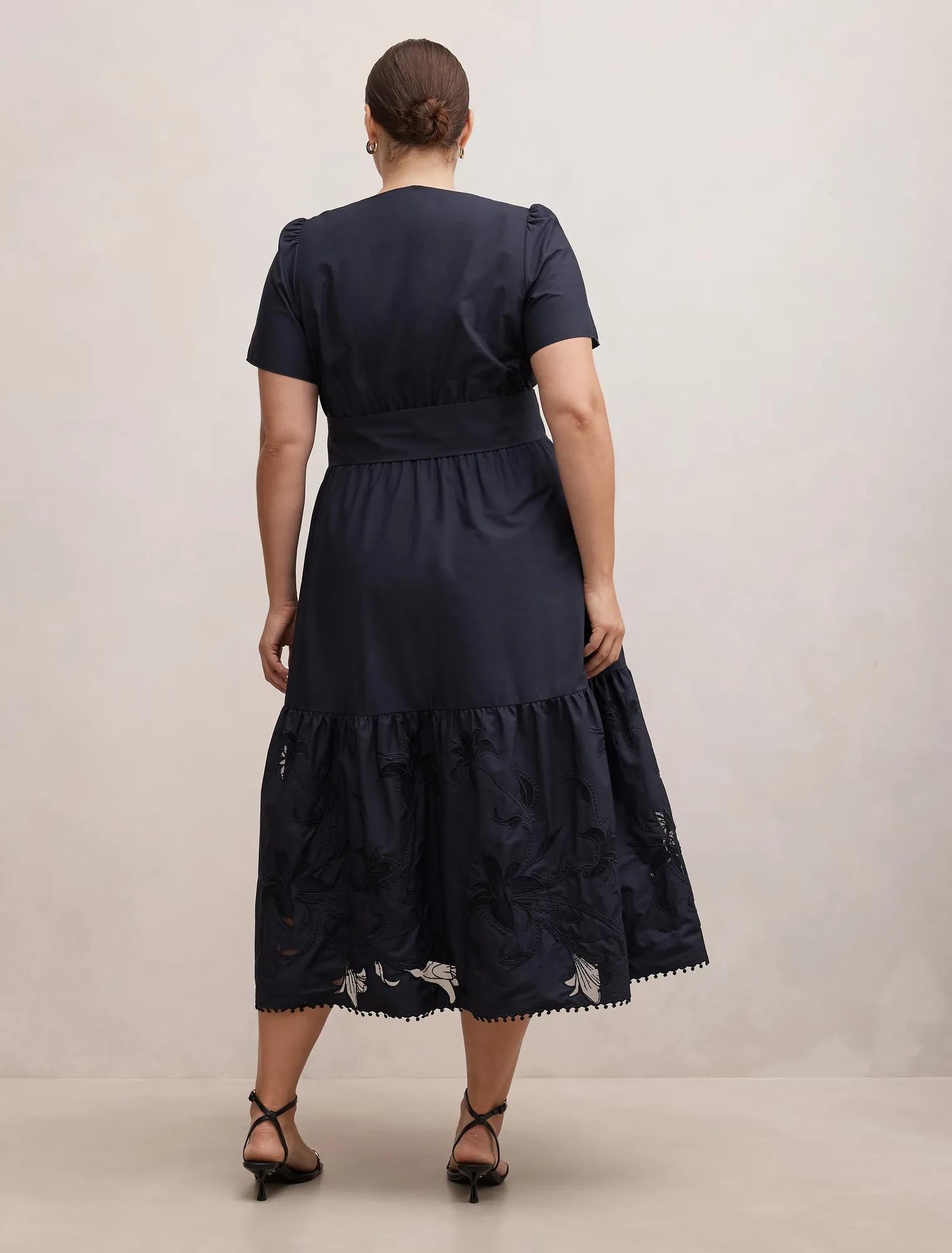 Matilda Curve Embroidered Tie Midi Dress Navy