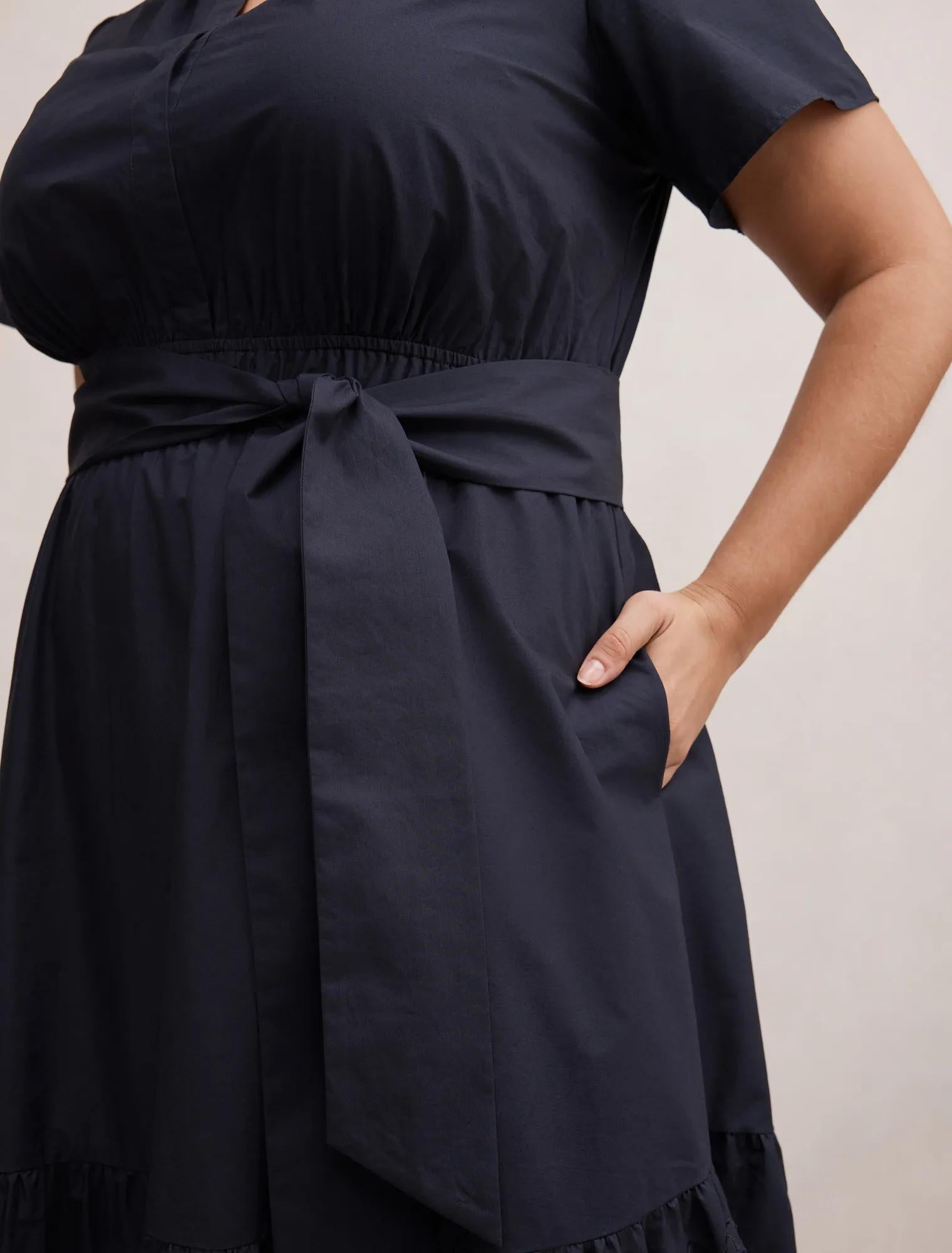 Matilda Curve Embroidered Tie Midi Dress Navy
