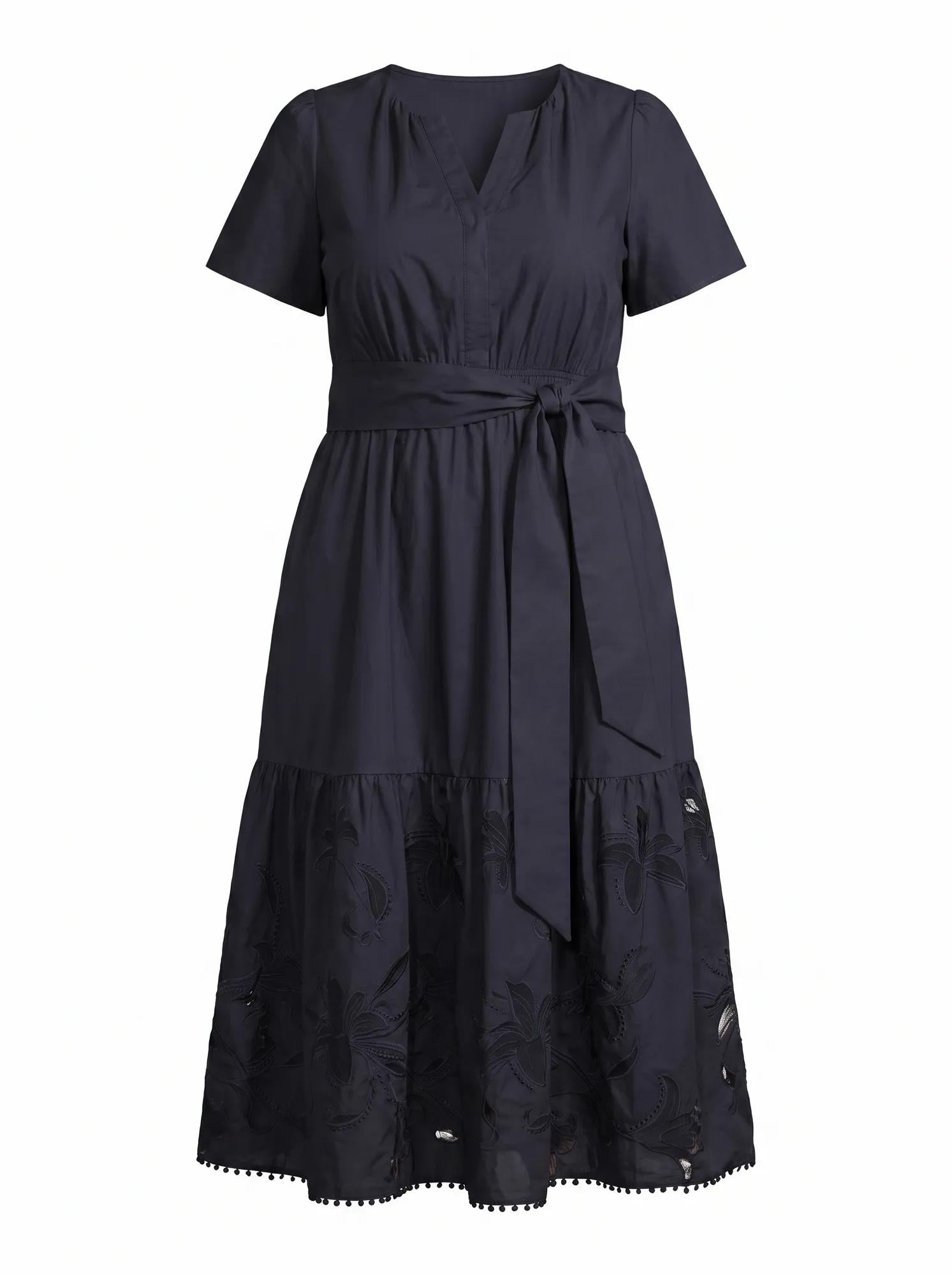 Matilda Curve Embroidered Tie Midi Dress Navy