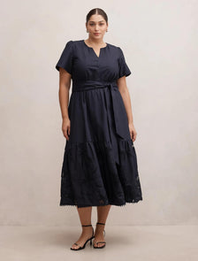 Matilda Curve Embroidered Tie Midi Dress Navy