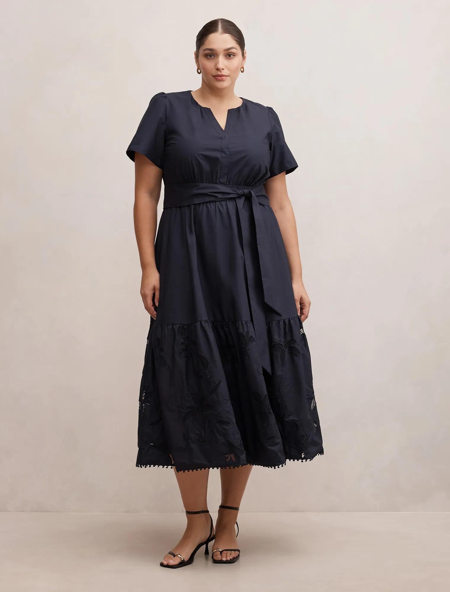 Matilda Curve Embroidered Tie Midi Dress Navy