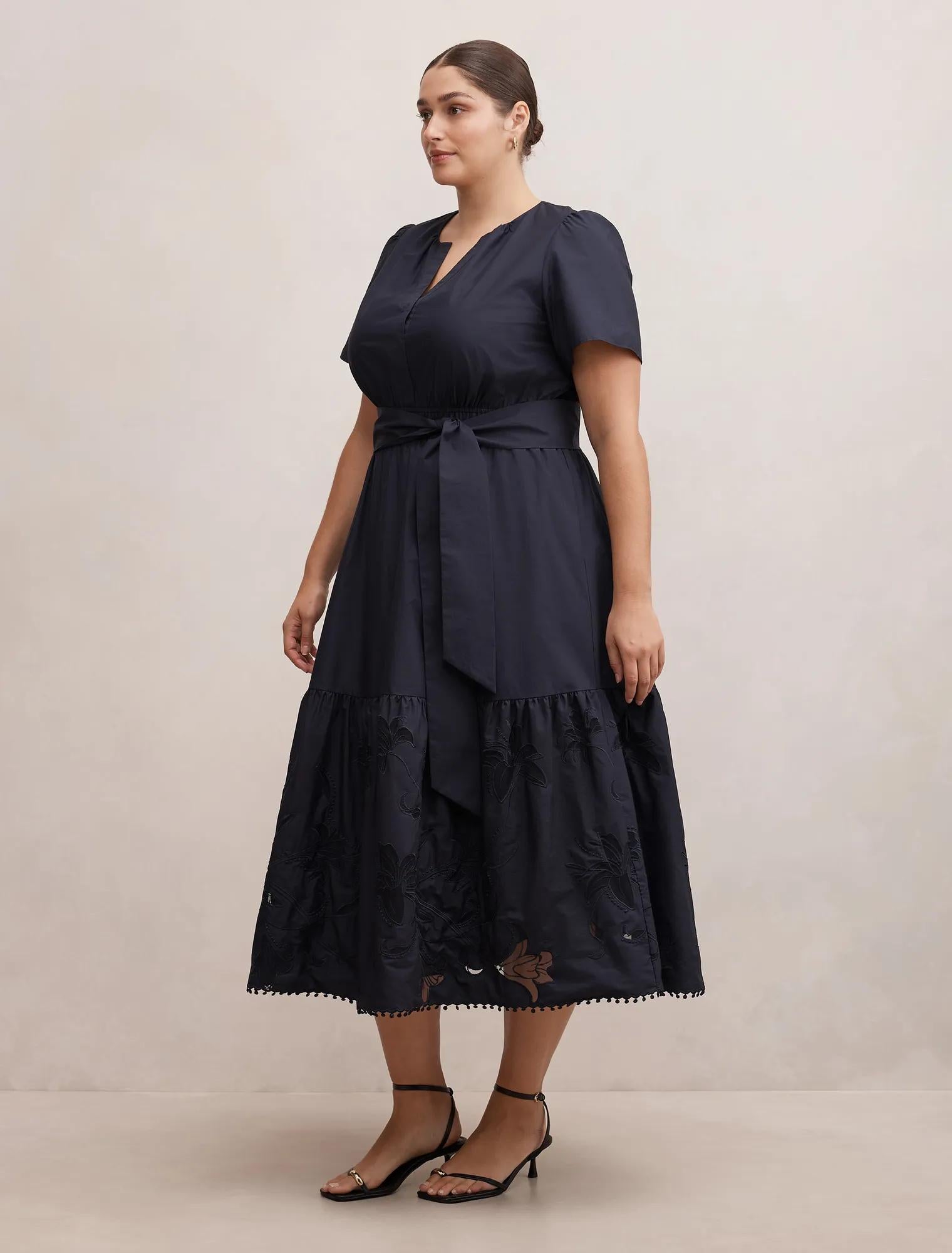 Matilda Curve Embroidered Tie Midi Dress Navy
