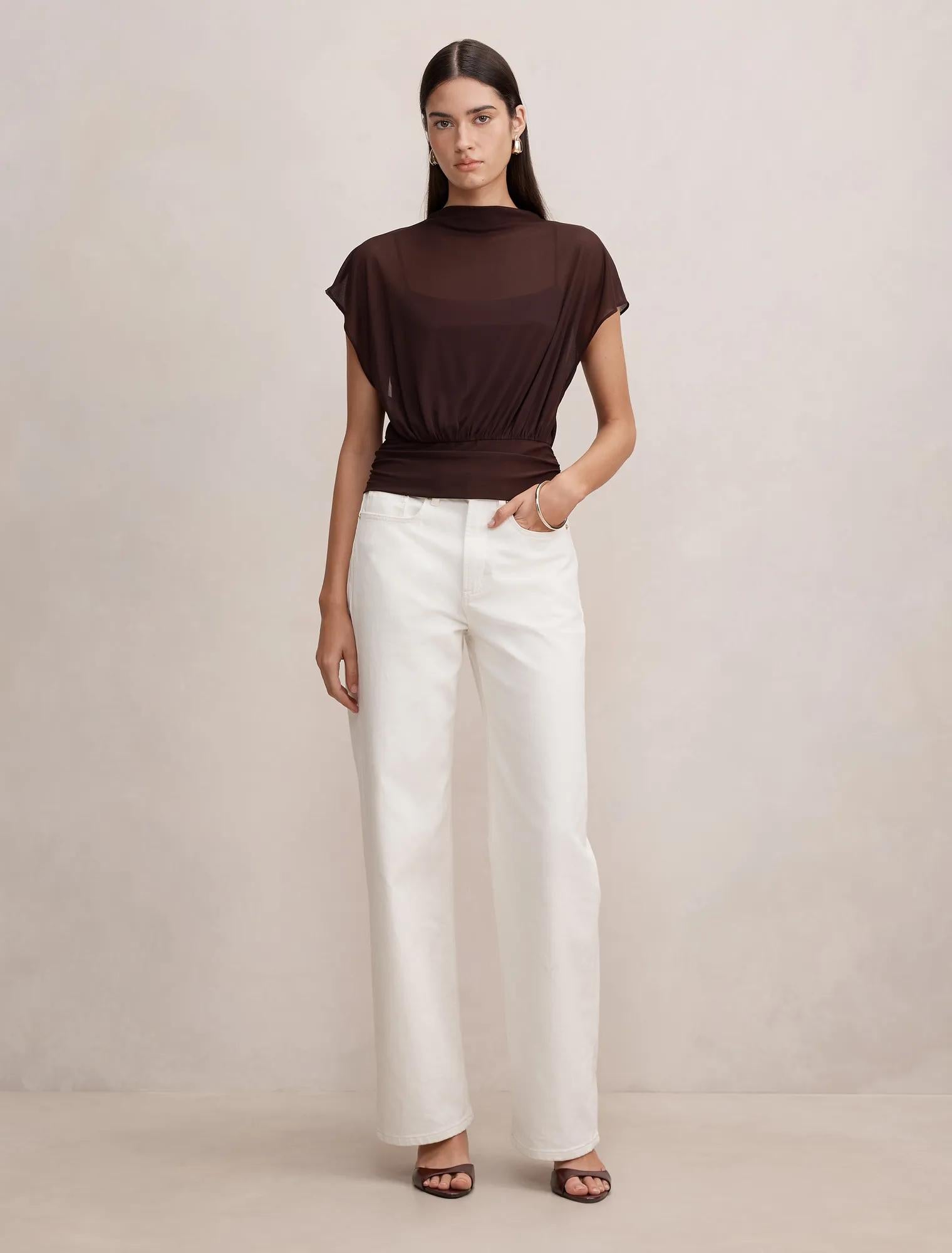Mattie Mesh Overlay Top Chocolate