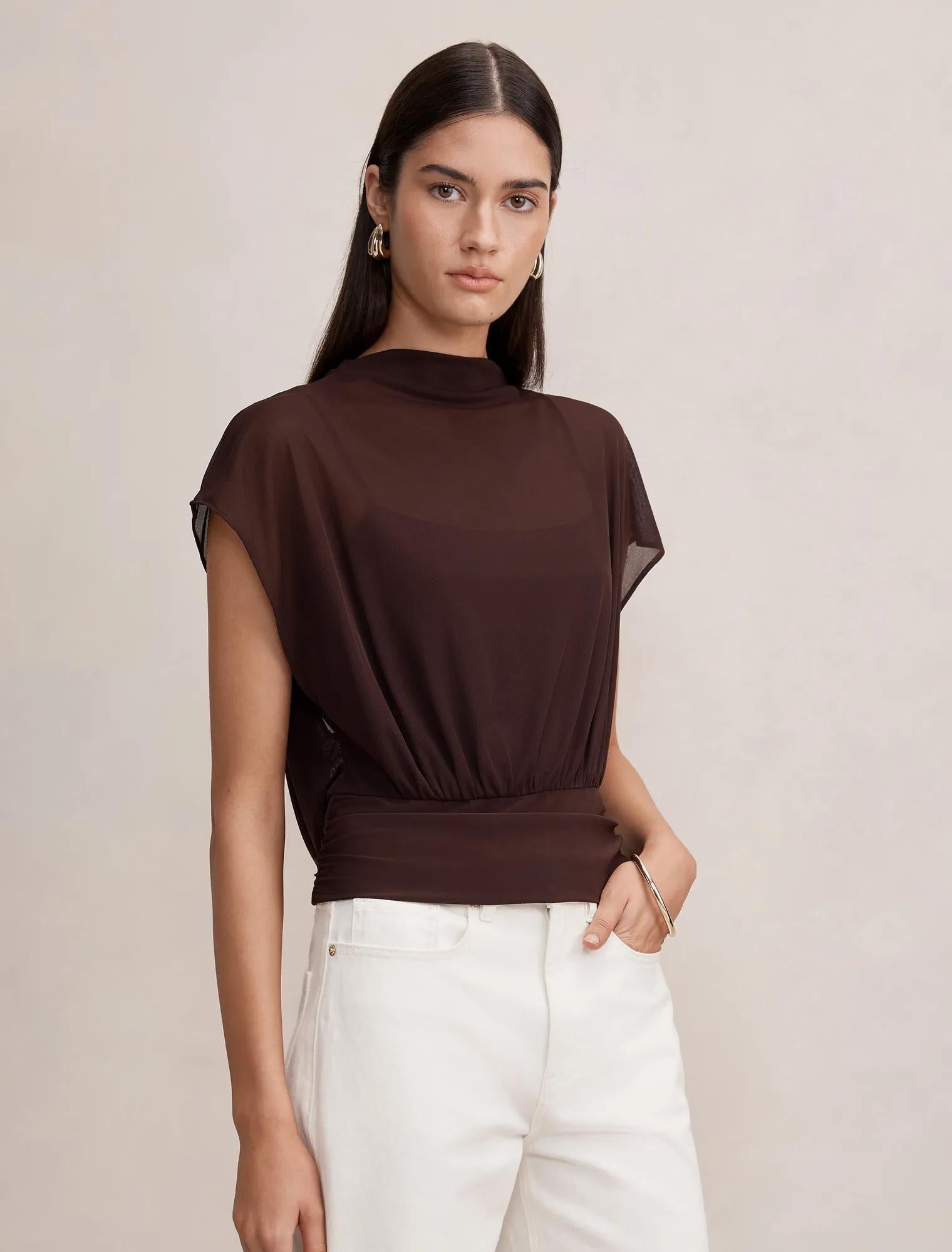 Mattie Mesh Overlay Top Chocolate