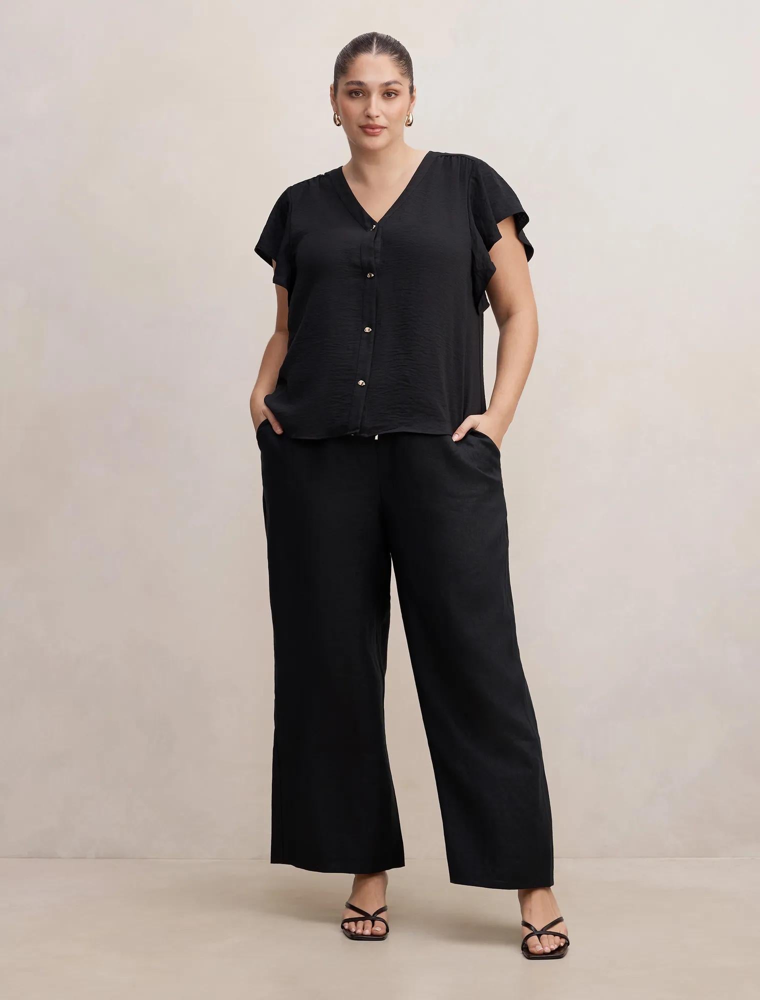 Lily Curve Linen Drawstring Pants Black