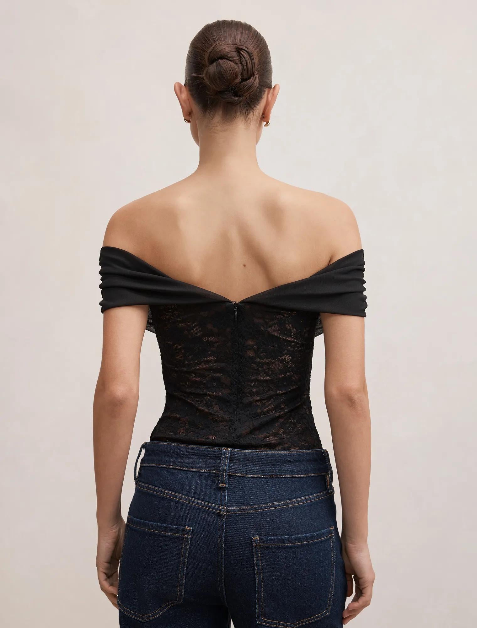 Lily Lace Bardot Top Black