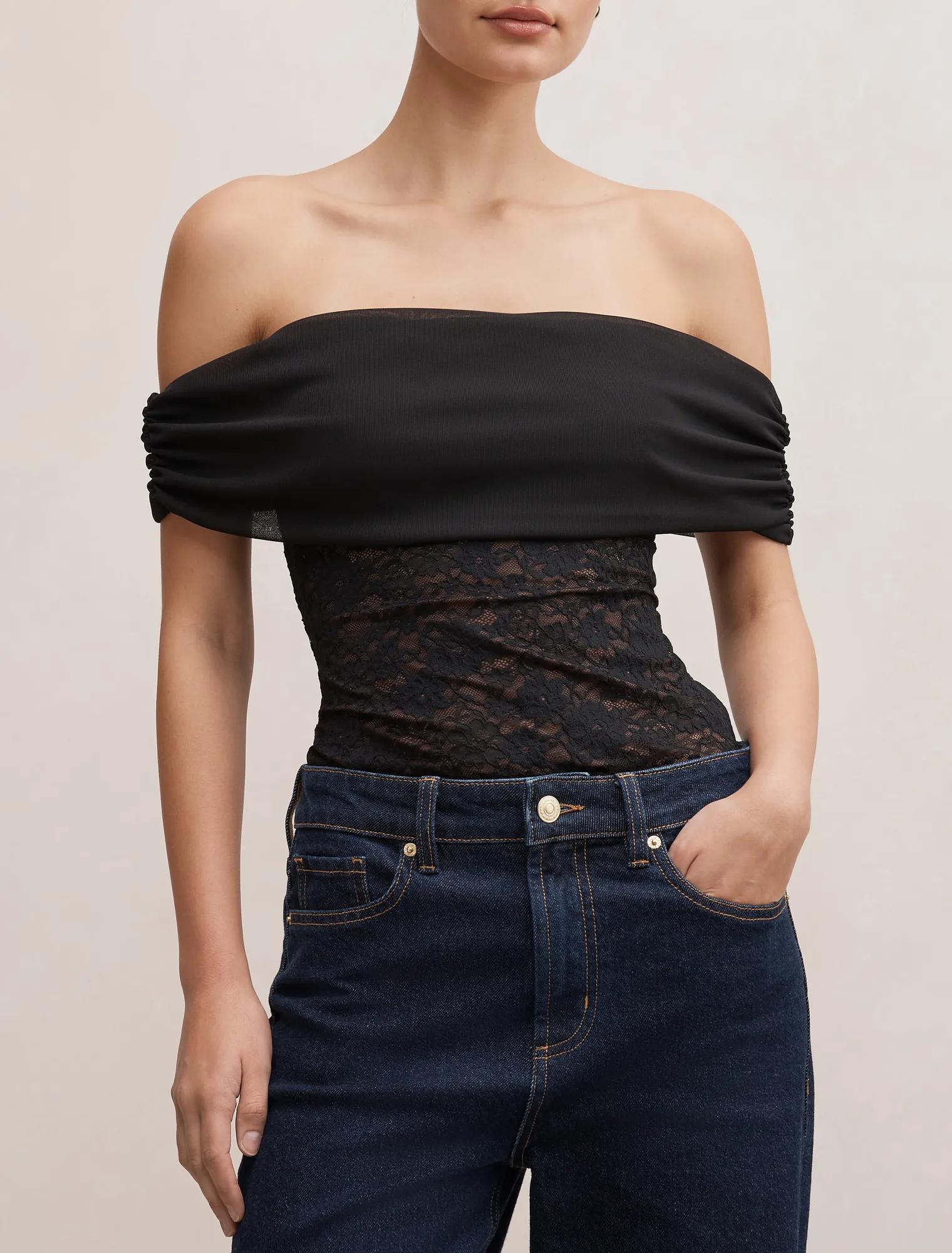Lily Lace Bardot Top Black