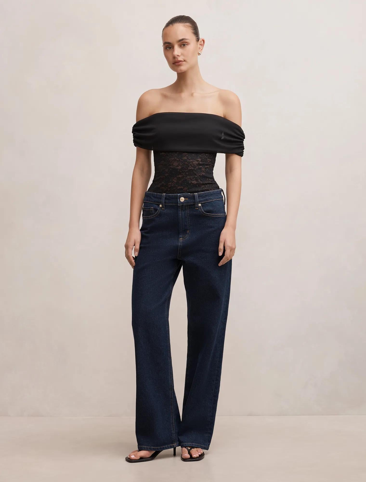 Lily Lace Bardot Top Black