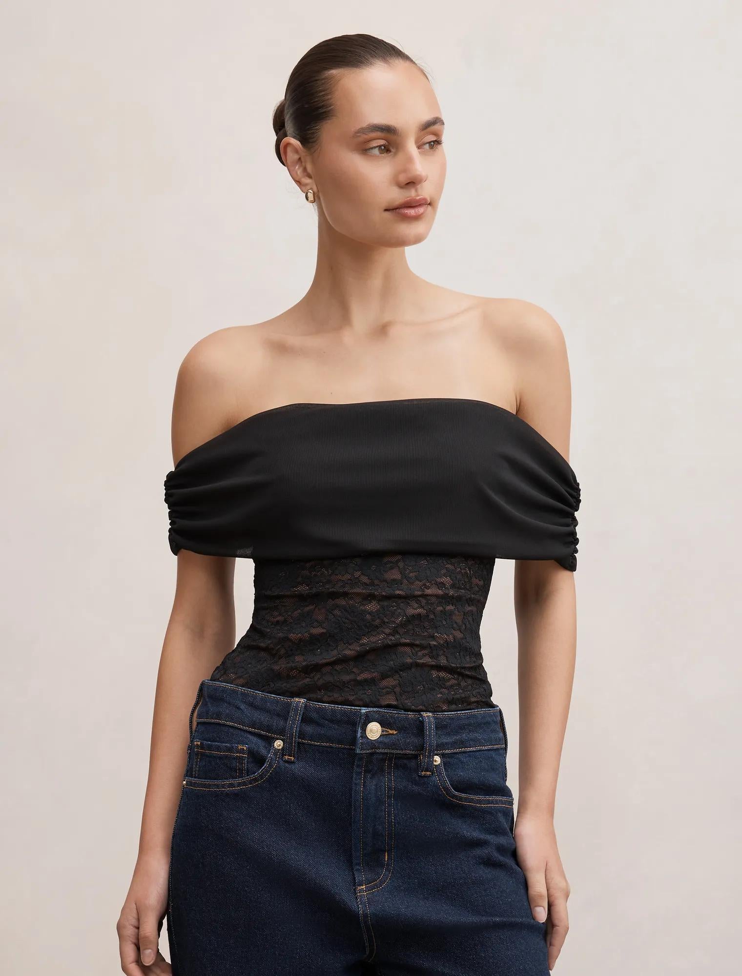 Lily Lace Bardot Top Black