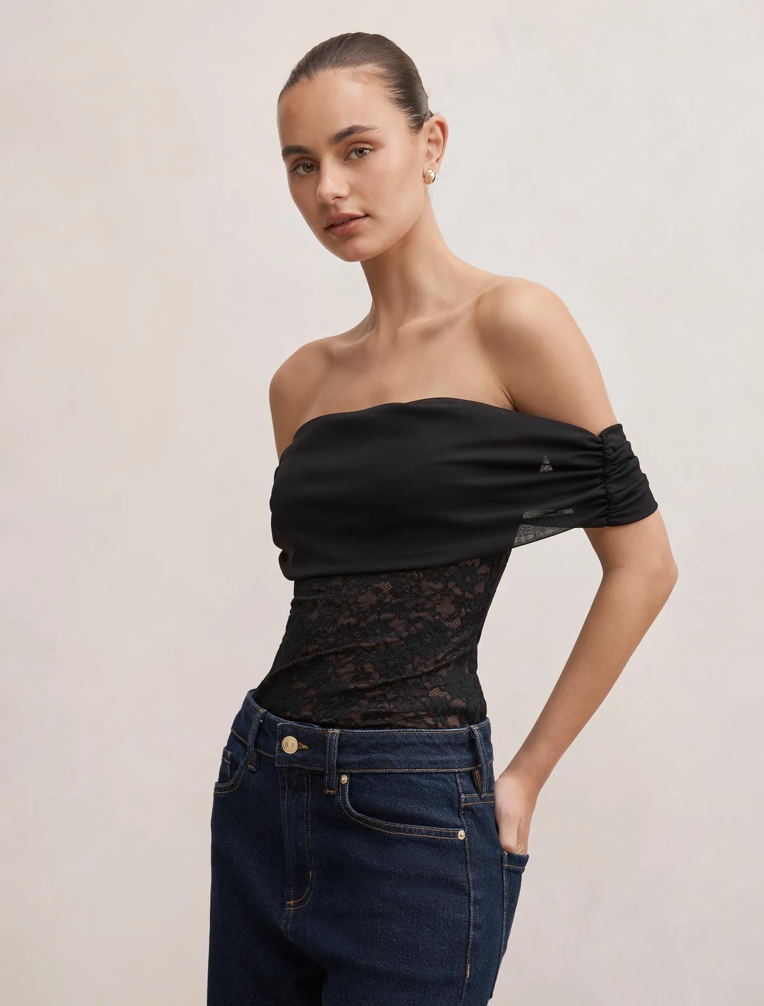 Lily Lace Bardot Top Black
