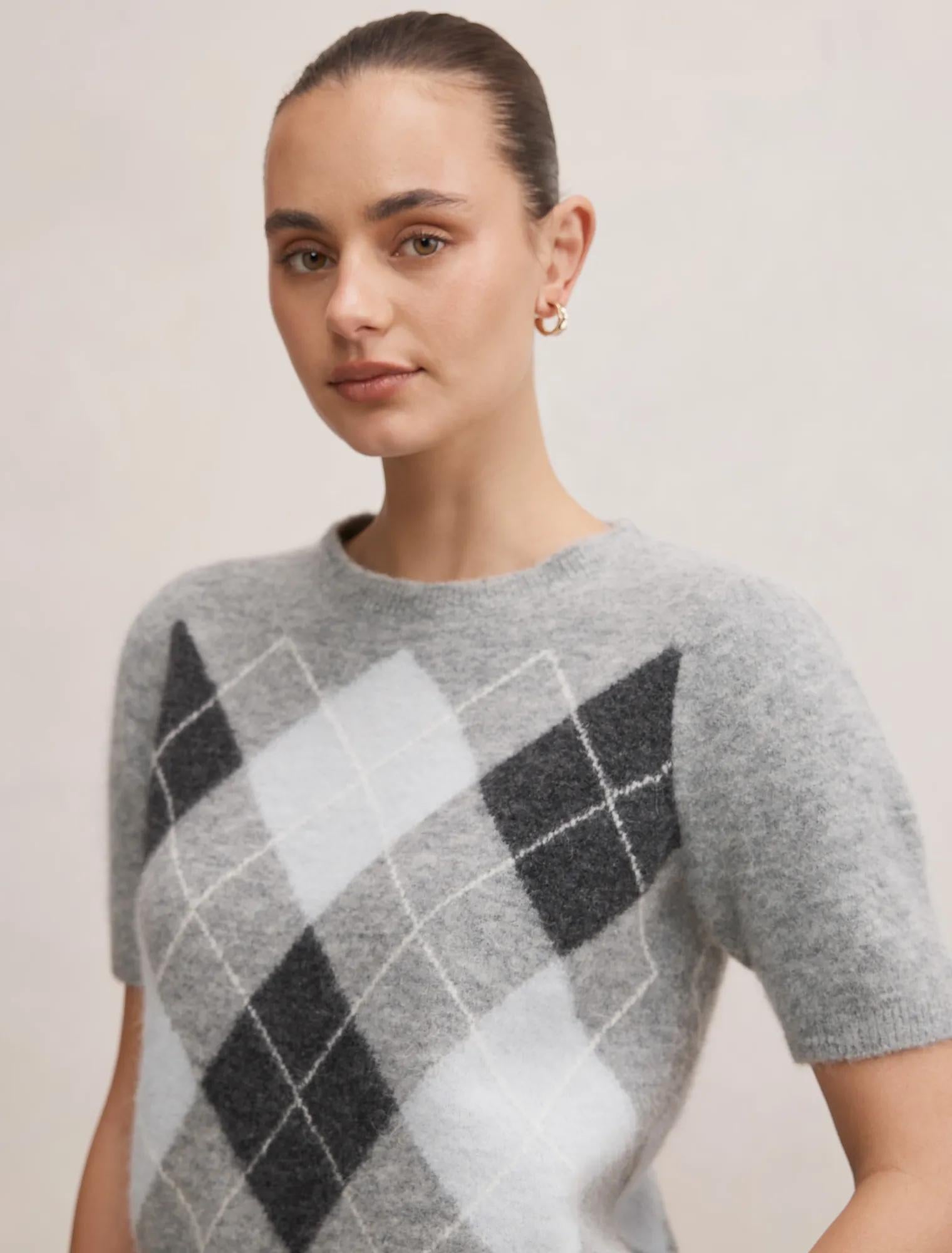 Andy Argyle Fluffy Knit Tee Grey Argyle